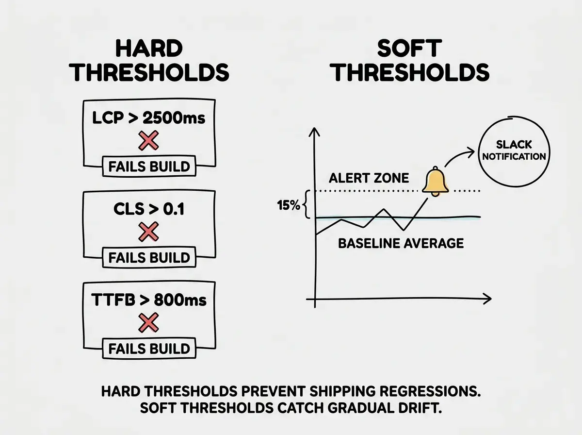 EXPLAINER DIAGRAM: A two-column layout. Left column labeled HARD THRESHOLDS shows three metric cards: LCP greater than 2500ms with a red X and text FAILS BUILD, CLS greater than 0.1 with a red X and text FAILS BUILD, TTFB greater than 800ms with a red X and text FAILS BUILD. Right column labeled SOFT THRESHOLDS shows a graph with a baseline average line and a dotted line 15 percent above it labeled ALERT ZONE. A data point that crosses the alert zone has a bell icon next to it with the label SLACK NOTIFICATION. Below the two columns is a note: Hard thresholds prevent shipping regressions. Soft thresholds catch gradual drift.