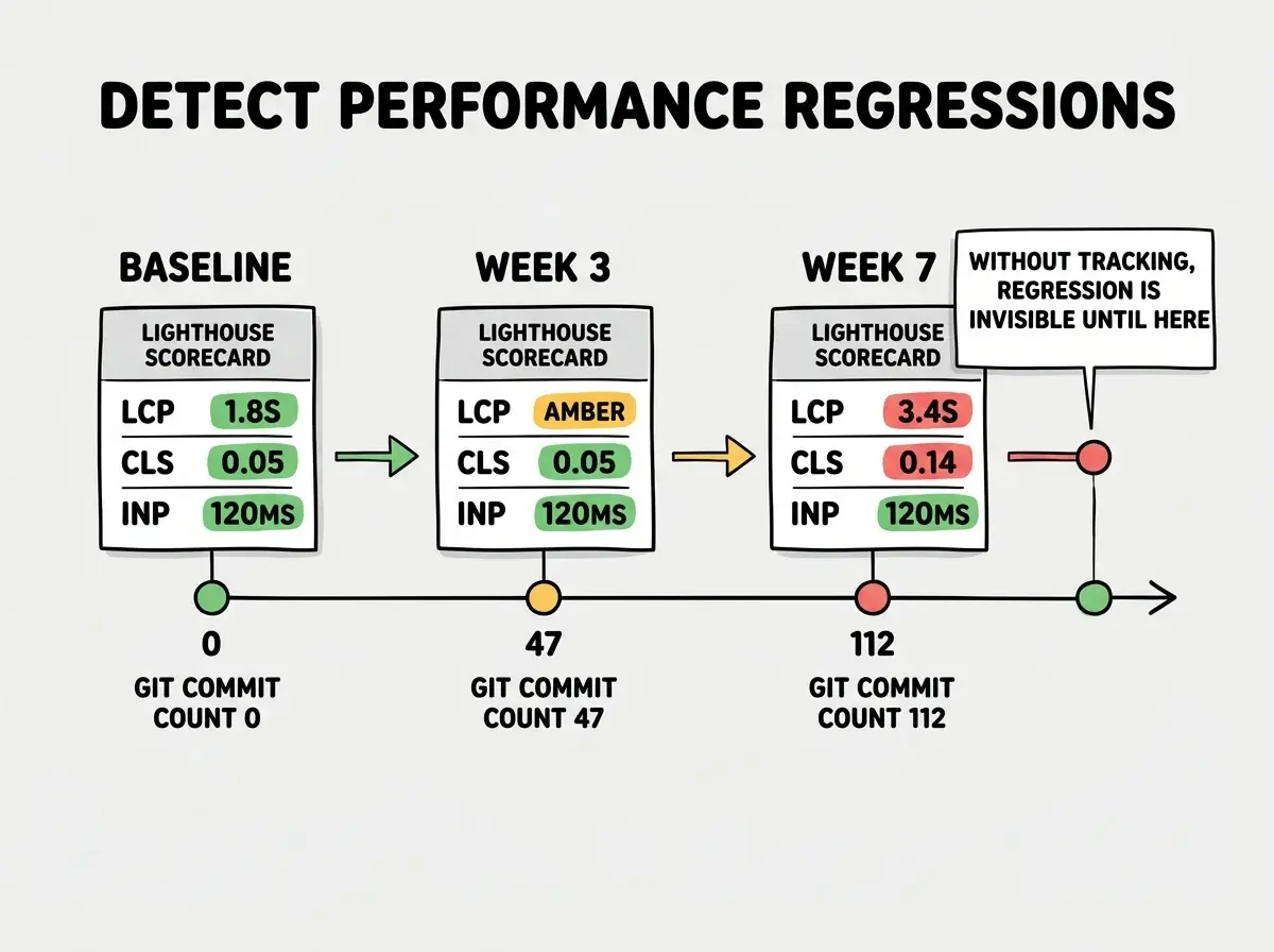 EXPLAINER DIAGRAM: A horizontal timeline showing four milestones. Milestone 1 labeled BASELINE shows a Lighthouse score card with LCP 1.8s, CLS 0.05, INP 120ms, TTFB 320ms inside a green box. Milestone 2 labeled WEEK 3 shows the same card with LCP 2.1s in amber and CLS 0.05, INP 135ms, TTFB 330ms. Milestone 3 labeled WEEK 7 shows LCP 3.4s in red, CLS 0.14 in red, INP 210ms in amber, TTFB 580ms in amber. Below each milestone is a Git commit count: 0, 47, 112. A callout arrow at Milestone 3 reads: Without tracking, regression is invisible until here.