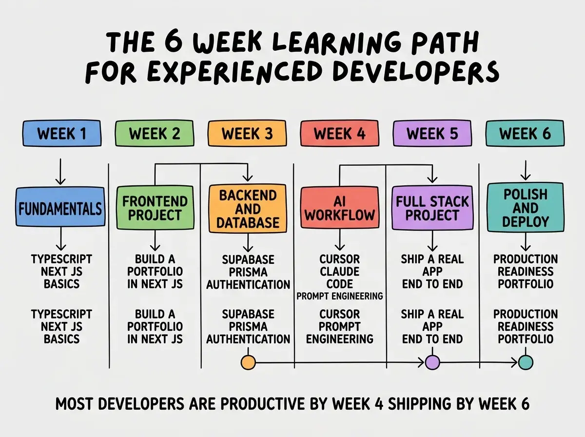 EXPLAINER DIAGRAM titled THE 6 WEEK LEARNING PATH FOR EXPERIENCED DEVELOPERS shown as a horizontal timeline on a slate background. Six weekly columns labeled WEEK 1 through WEEK 6, each colored differently. Week 1 blue FUNDAMENTALS sublabel TYPESCRIPT NEXT JS BASICS. Week 2 green FRONTEND PROJECT sublabel BUILD A PORTFOLIO IN NEXT JS. Week 3 orange BACKEND AND DATABASE sublabel SUPABASE PRISMA AUTHENTICATION. Week 4 red AI WORKFLOW sublabel CURSOR CLAUDE CODE PROMPT ENGINEERING. Week 5 purple FULL STACK PROJECT sublabel SHIP A REAL APP END TO END. Week 6 teal POLISH AND DEPLOY sublabel PRODUCTION READINESS PORTFOLIO. Footer reads MOST DEVELOPERS ARE PRODUCTIVE BY WEEK 4 SHIPPING BY WEEK 6.
