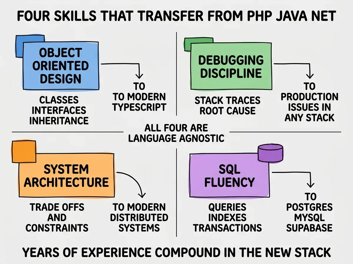 EXPLAINER DIAGRAM titled FOUR SKILLS THAT TRANSFER FROM PHP JAVA NET shown as a 2x2 grid of quadrants on a slate background. Top left blue OBJECT ORIENTED DESIGN sublabel CLASSES INTERFACES INHERITANCE, applies TO MODERN TYPESCRIPT. Top right green DEBUGGING DISCIPLINE sublabel STACK TRACES ROOT CAUSE ANALYSIS, applies TO PRODUCTION ISSUES IN ANY STACK. Bottom left orange SYSTEM ARCHITECTURE sublabel TRADE OFFS AND CONSTRAINTS, applies TO MODERN DISTRIBUTED SYSTEMS. Bottom right purple SQL FLUENCY sublabel QUERIES INDEXES TRANSACTIONS, applies TO POSTGRES MYSQL SUPABASE. Center label reads ALL FOUR ARE LANGUAGE AGNOSTIC. Footer reads YEARS OF EXPERIENCE COMPOUND IN THE NEW STACK.