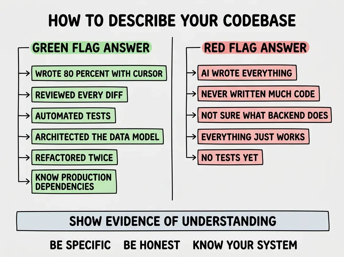 EXPLAINER DIAGRAM titled HOW TO DESCRIBE YOUR CODEBASE shown as a horizontal split on a slate background. Left side labeled GREEN FLAG ANSWER in green, with bullet items WROTE 80 PERCENT WITH CURSOR, REVIEWED EVERY DIFF, AUTOMATED TESTS, ARCHITECTED THE DATA MODEL MYSELF, REFACTORED TWICE, KNOW THE PRODUCTION DEPENDENCIES. Right side labeled RED FLAG ANSWER in red, with bullet items AI WROTE EVERYTHING, NEVER WRITTEN MUCH CODE BEFORE, NOT SURE WHAT THE BACKEND DOES, EVERYTHING JUST WORKS, NO TESTS YET. Center divider has bold text reading INVESTORS WANT EVIDENCE OF UNDERSTANDING, NOT EVIDENCE OF AI USAGE. Footer reads BE SPECIFIC, BE HONEST, KNOW YOUR SYSTEM.