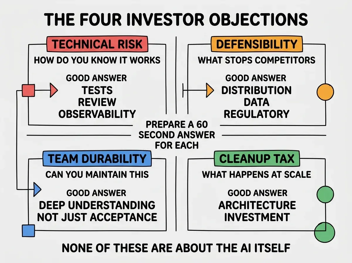 EXPLAINER DIAGRAM titled THE FOUR INVESTOR OBJECTIONS shown as a 2x2 grid of quadrants on a slate background. Top left quadrant labeled TECHNICAL RISK in red, with subtext HOW DO YOU KNOW IT WORKS, good answer TESTS REVIEW OBSERVABILITY. Top right labeled DEFENSIBILITY in orange, with subtext WHAT STOPS COMPETITORS, good answer DISTRIBUTION DATA REGULATORY. Bottom left labeled TEAM DURABILITY in blue, with subtext CAN YOU MAINTAIN THIS, good answer DEEP UNDERSTANDING NOT JUST ACCEPTANCE. Bottom right labeled CLEANUP TAX in green, with subtext WHAT HAPPENS AT SCALE, good answer ARCHITECTURE INVESTMENT FROM DAY ONE. Center label reads PREPARE A 60 SECOND ANSWER FOR EACH. Footer reads NONE OF THESE ARE ABOUT THE AI ITSELF.