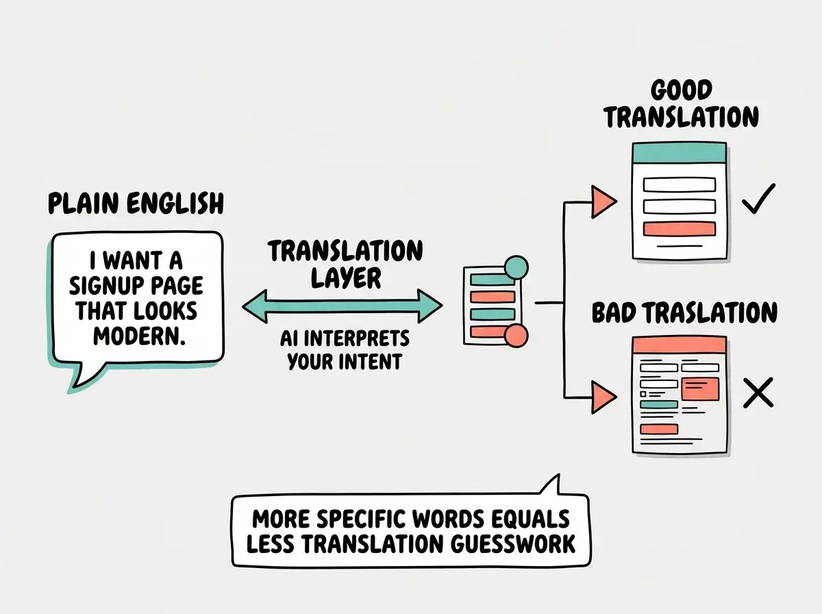 EXPLAINER DIAGRAM: A horizontal flow diagram with three columns. Left column shows a speech bubble icon labeled PLAIN ENGLISH with example text I WANT A SIGNUP PAGE THAT LOOKS MODERN. Middle column shows a double-headed arrow labeled TRANSLATION LAYER with subtitle AI INTERPRETS YOUR INTENT. Right column splits into two paths: top path labeled GOOD TRANSLATION shows a clean signup form mockup with checkmark, bottom path labeled BAD TRANSLATION shows a cluttered form with X mark. Below the diagram, a callout box reads MORE SPECIFIC WORDS EQUALS LESS TRANSLATION GUESSWORK. Light background with teal and coral accents.