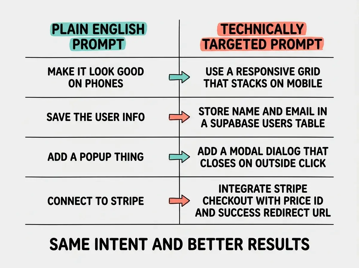 EXPLAINER DIAGRAM: A two-column comparison table. Left column header reads PLAIN ENGLISH PROMPT in teal. Right column header reads TECHNICALLY TARGETED PROMPT in coral. Row 1: LEFT says MAKE IT LOOK GOOD ON PHONES, RIGHT says USE A RESPONSIVE GRID THAT STACKS ON MOBILE. Row 2: LEFT says SAVE THE USER INFO, RIGHT says STORE NAME AND EMAIL IN A SUPABASE USERS TABLE. Row 3: LEFT says ADD A POPUP THING, RIGHT says ADD A MODAL DIALOG THAT CLOSES ON OUTSIDE CLICK. Row 4: LEFT says CONNECT TO STRIPE, RIGHT says INTEGRATE STRIPE CHECKOUT WITH PRICE ID AND SUCCESS REDIRECT URL. Each row has a small arrow between columns. Below the table a label reads SAME INTENT AND BETTER RESULTS. Light background.