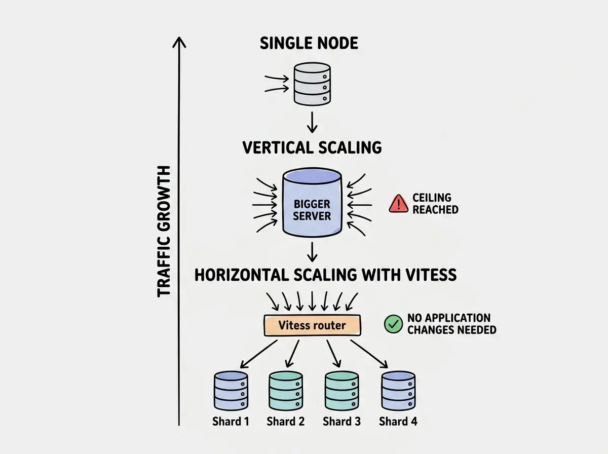EXPLAINER DIAGRAM: A vertical flow on white background showing database scaling stages. Top section labeled SINGLE NODE shows one database cylinder icon with small arrows representing a few queries. Middle section labeled VERTICAL SCALING shows the same single cylinder but larger with a label BIGGER SERVER and more arrows. A red warning icon reads CEILING REACHED. Bottom section labeled HORIZONTAL SCALING WITH VITESS shows a Vitess router box at the top receiving many query arrows, distributing them down to four equally sized database cylinder icons labeled Shard 1 through Shard 4. A green checkmark reads NO APPLICATION CHANGES NEEDED. Along the left side, an upward arrow labeled TRAFFIC GROWTH spans all three sections.