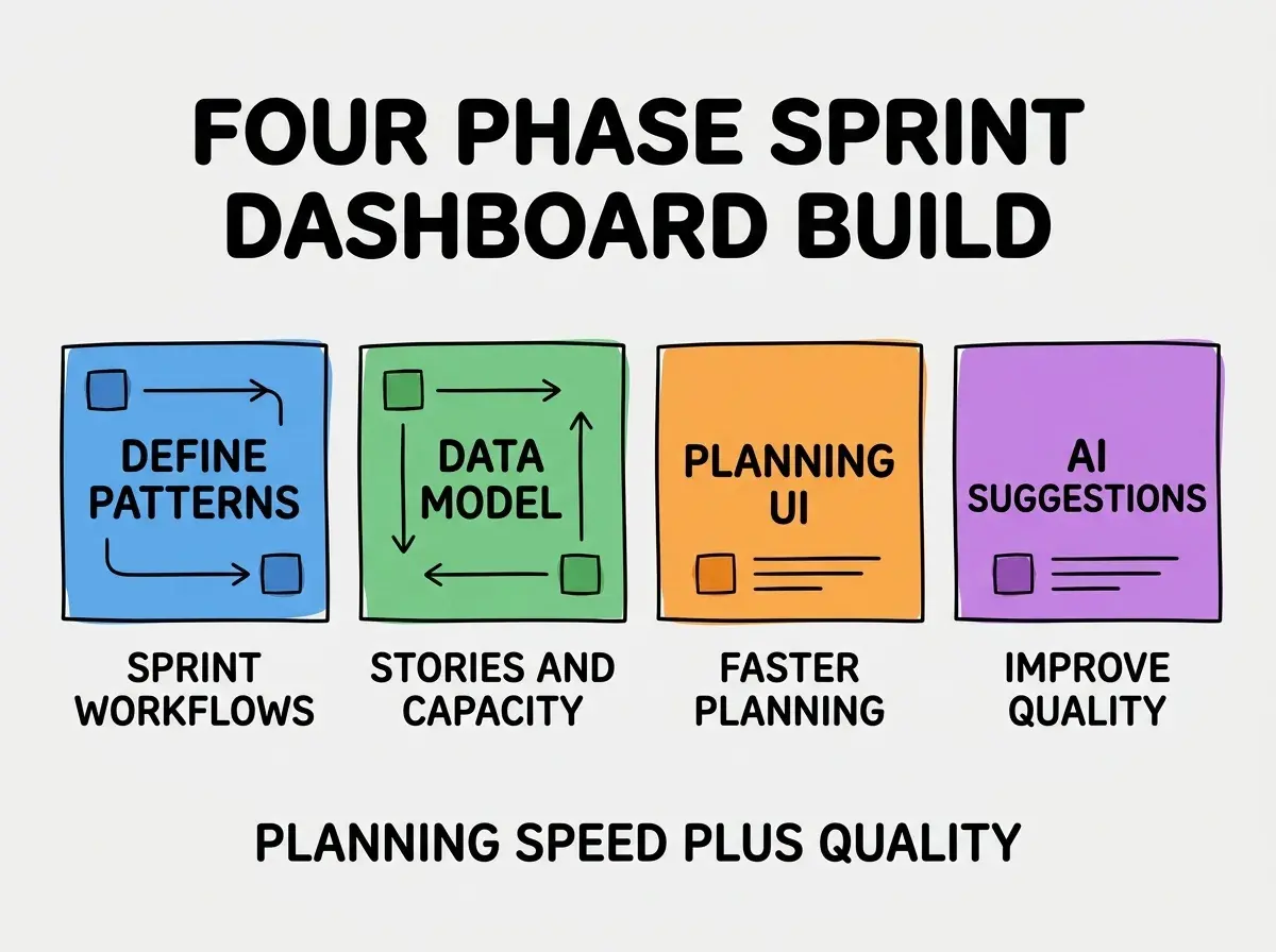 EXPLAINER DIAGRAM titled FOUR PHASE SPRINT DASHBOARD BUILD shown as a horizontal four-stage pipeline on a slate background. Stage 1 colored blue DEFINE PATTERNS sublabel SPRINT WORKFLOWS. Stage 2 colored green DATA MODEL sublabel STORIES AND CAPACITY. Stage 3 colored orange PLANNING UI sublabel FASTER PLANNING. Stage 4 colored purple AI SUGGESTIONS sublabel IMPROVE QUALITY. Footer reads PLANNING SPEED PLUS QUALITY.