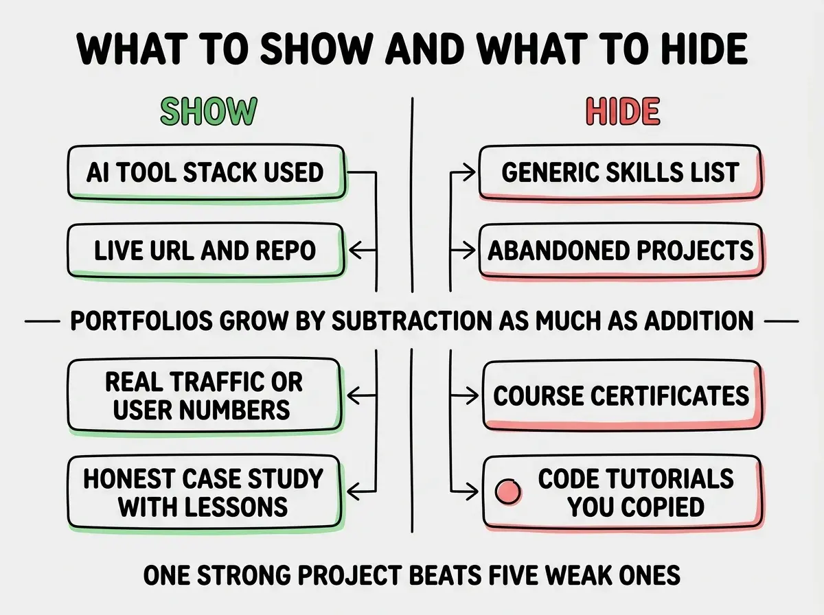 EXPLAINER DIAGRAM titled WHAT TO SHOW AND WHAT TO HIDE shown as a two column comparison on a slate background. Left column header SHOW in green has four rounded boxes, AI TOOL STACK USED, LIVE URL AND REPO, REAL TRAFFIC OR USER NUMBERS, HONEST CASE STUDY WITH LESSONS. Right column header HIDE in red has four rounded boxes, GENERIC SKILLS LIST, ABANDONED HALF FINISHED PROJECTS, COURSE CERTIFICATES THAT ARE NOT WORK, CODE TUTORIALS YOU FOLLOWED ALONG WITH. A horizontal divider between the columns reads PORTFOLIOS GROW BY SUBTRACTION AS MUCH AS ADDITION. Footer reads ONE STRONG PROJECT BEATS FIVE WEAK ONES.