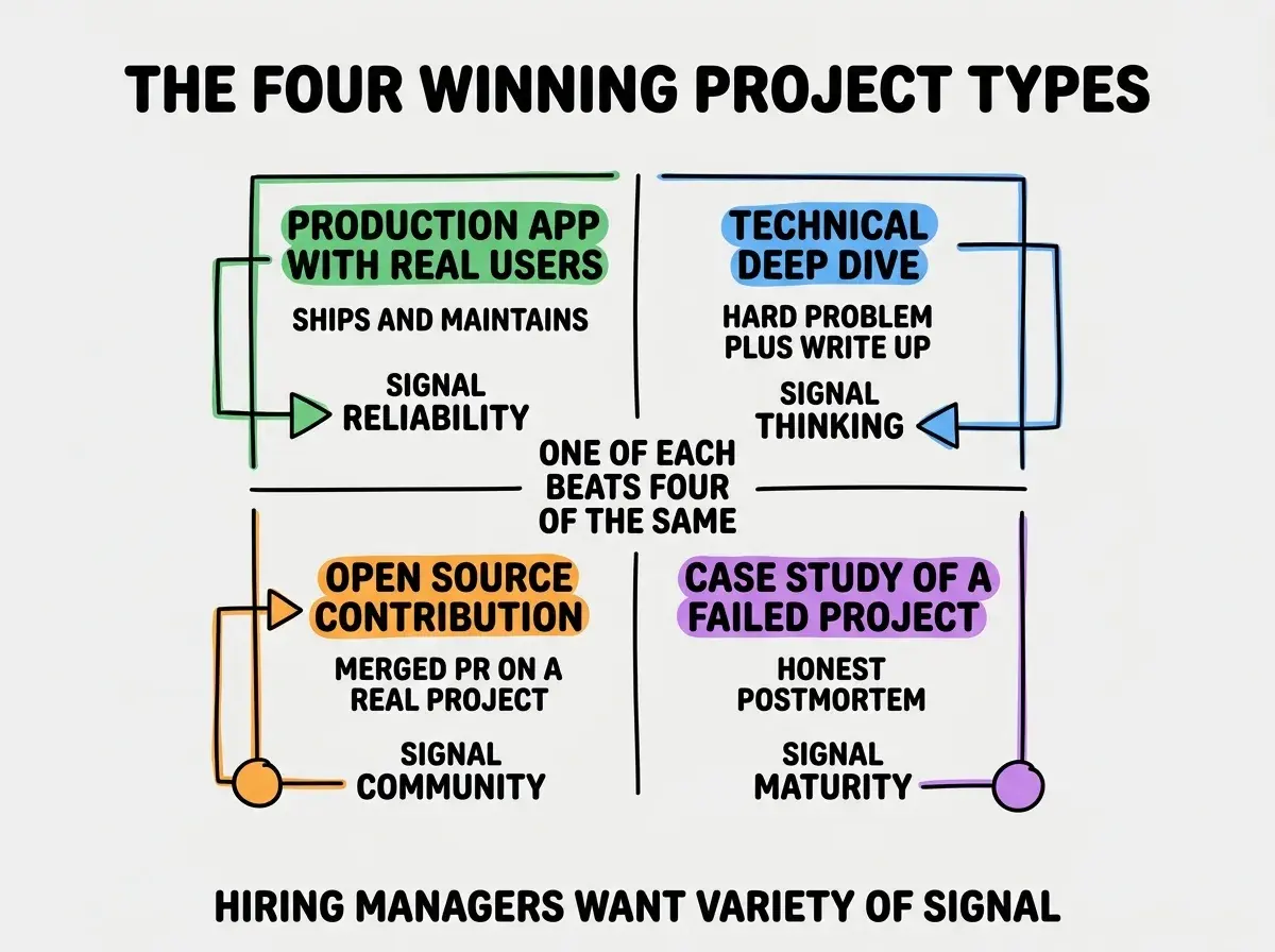 EXPLAINER DIAGRAM titled THE FOUR WINNING PROJECT TYPES shown as a two by two grid on a slate background. Top left labeled PRODUCTION APP WITH REAL USERS in green, sublabel SHIPS AND MAINTAINS, signal RELIABILITY. Top right labeled TECHNICAL DEEP DIVE in blue, sublabel HARD PROBLEM PLUS WRITE UP, signal THINKING. Bottom left labeled OPEN SOURCE CONTRIBUTION in orange, sublabel MERGED PR ON A REAL PROJECT, signal COMMUNITY. Bottom right labeled CASE STUDY OF A FAILED PROJECT in purple, sublabel HONEST POSTMORTEM OF WHAT DID NOT WORK, signal MATURITY. Center label reads ONE OF EACH BEATS FOUR OF THE SAME. Footer reads HIRING MANAGERS WANT VARIETY OF SIGNAL.