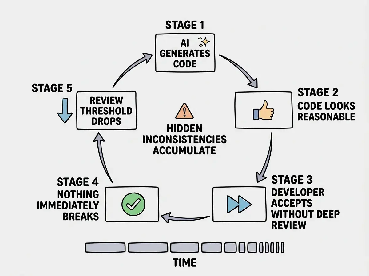 EXPLAINER DIAGRAM: A circular diagram showing the compulsive accept cycle in five stages. Stage 1 at the top labeled AI GENERATES CODE with a sparkle icon. An arrow curves clockwise to Stage 2 labeled CODE LOOKS REASONABLE with a thumbs-up icon. Arrow to Stage 3 labeled DEVELOPER ACCEPTS WITHOUT DEEP REVIEW with a fast-forward icon. Arrow to Stage 4 labeled NOTHING IMMEDIATELY BREAKS with a green checkmark icon. Arrow to Stage 5 labeled REVIEW THRESHOLD DROPS with a downward arrow icon. Arrow loops back to Stage 1. In the center of the circle, text reads HIDDEN INCONSISTENCIES ACCUMULATE with a warning triangle. Below the circle, a bar labeled TIME shows the cycle repeating and getting faster, with smaller gaps between iterations.