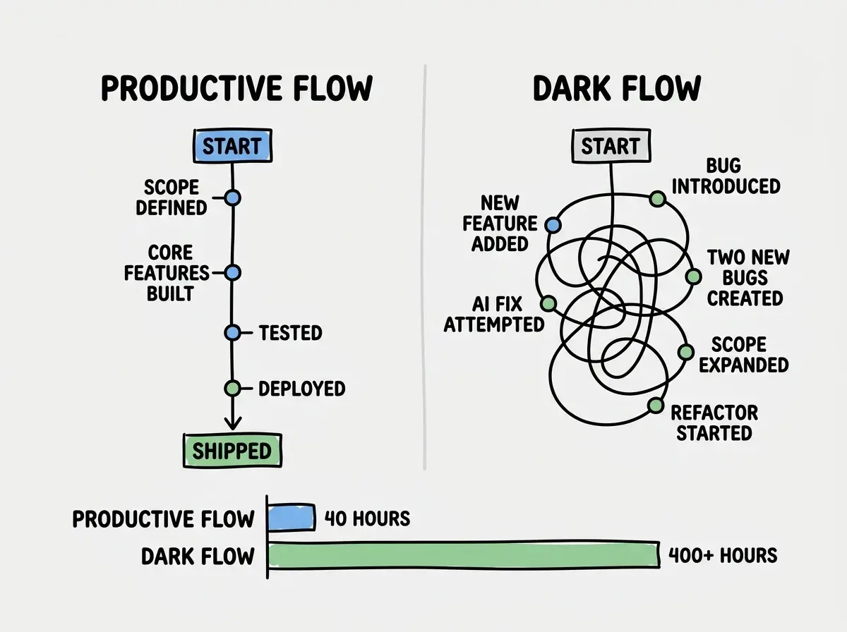EXPLAINER DIAGRAM: A split comparison showing two flow states side by side. LEFT SIDE labeled PRODUCTIVE FLOW shows a straight line from START to SHIPPED with milestones marked along it including SCOPE DEFINED, CORE FEATURES BUILT, TESTED, and DEPLOYED. The line is clean and direct. RIGHT SIDE labeled DARK FLOW shows a tangled, spiraling line from START that loops back on itself repeatedly, passing through labels like NEW FEATURE ADDED, BUG INTRODUCED, AI FIX ATTEMPTED, TWO NEW BUGS CREATED, SCOPE EXPANDED, and REFACTOR STARTED. The line never reaches a SHIPPED endpoint. Below both diagrams, a comparison bar shows PRODUCTIVE FLOW at 40 hours and DARK FLOW at 400+ hours with the same net progress.