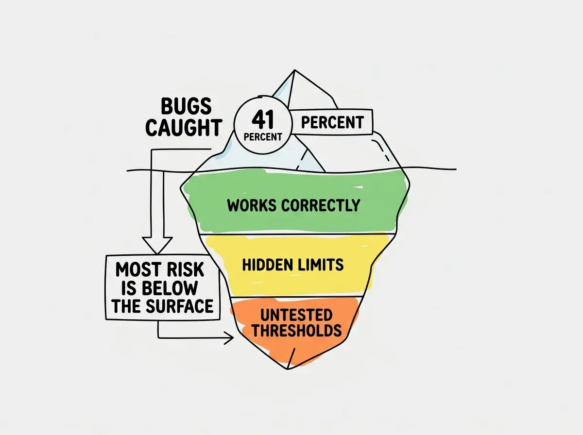 EXPLAINER DIAGRAM: An iceberg diagram. Above the waterline a small section labeled BUGS CAUGHT showing 41 percent. Below the waterline a larger section divided into three layers: WORKS CORRECTLY in green, HIDDEN LIMITS in yellow, and UNTESTED THRESHOLDS in orange. Label reads MOST RISK IS BELOW THE SURFACE.