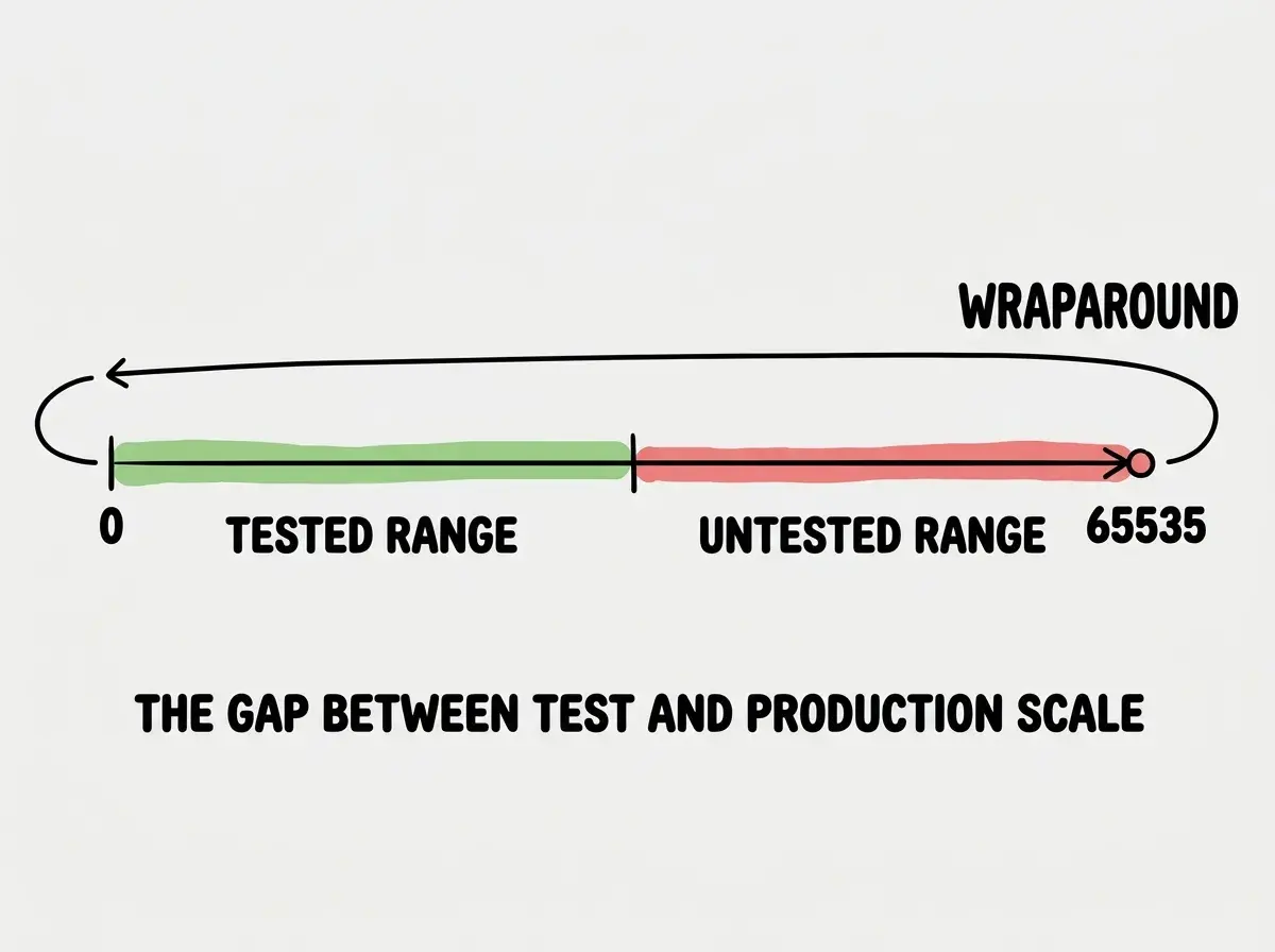 EXPLAINER DIAGRAM: A horizontal number line from 0 to 65535. A curved arrow at the right end loops back to 0, labeled WRAPAROUND. The left portion is shaded green and labeled TESTED RANGE. The right portion is shaded red and labeled UNTESTED RANGE. Below reads THE GAP BETWEEN TEST AND PRODUCTION SCALE.