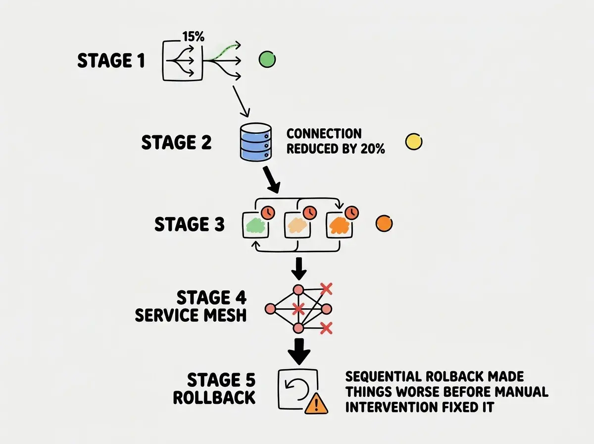 EXPLAINER DIAGRAM: A vertical cascade diagram showing five stages of failure propagation. Stage 1 at the top shows a traffic shift icon with a 15% label and a green status indicator. Stage 2 shows a database icon with connection pool reduced by 20% and a yellow status indicator. Stage 3 shows multiple service icons with timeout symbols and retry arrows looping back, with an orange status indicator. Stage 4 shows a service mesh diagram with red X marks spreading across connected nodes. Stage 5 at the bottom shows a rollback icon with a warning triangle, indicating that sequential rollback made things worse before manual intervention fixed it. Arrows connect each stage downward with increasing thickness to represent amplification.