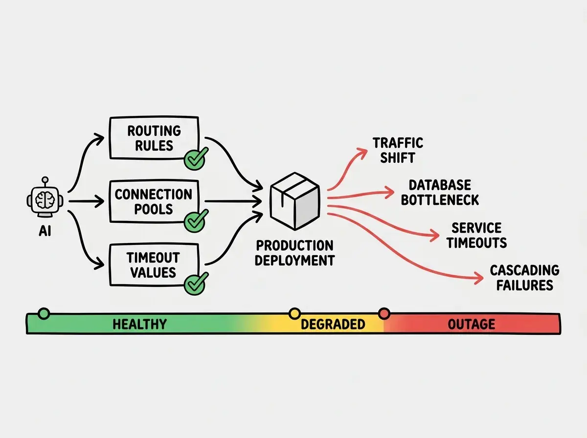 EXPLAINER DIAGRAM: A horizontal timeline showing the incident progression. On the left, an AI icon generates three configuration changes labeled ROUTING RULES, CONNECTION POOLS, and TIMEOUT VALUES, each with a green checkmark indicating they passed individual validation. Arrows from all three converge on a central PRODUCTION DEPLOYMENT node. From that node, cascading red arrows fan out to the right showing TRAFFIC SHIFT, then DATABASE BOTTLENECK, then SERVICE TIMEOUTS, then CASCADING FAILURES. At the bottom, a status bar transitions from green HEALTHY through yellow DEGRADED to red OUTAGE across the timeline.