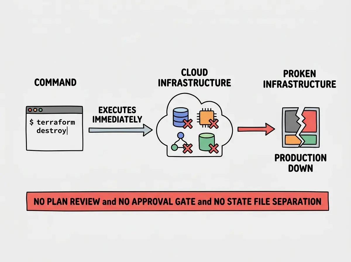 EXPLAINER DIAGRAM: A horizontal flowchart showing the incident timeline. On the left, a terminal icon with the command terraform destroy typed in. An arrow labeled EXECUTES IMMEDIATELY points to a cloud infrastructure icon in the center showing multiple resources: database, compute, networking, and storage. Each resource has a red X over it. A final arrow points right to a broken infrastructure icon labeled PRODUCTION DOWN. Below the flowchart, a red banner reads NO PLAN REVIEW and NO APPROVAL GATE and NO STATE FILE SEPARATION.