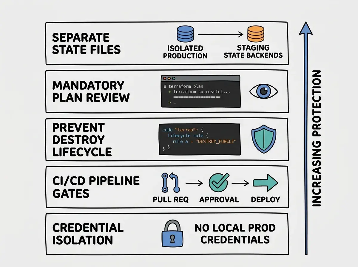 EXPLAINER DIAGRAM: A layered security diagram showing five horizontal defense layers stacked vertically. Layer 1 at the top is labeled SEPARATE STATE FILES with icons showing isolated prod and staging state backends. Layer 2 is labeled MANDATORY PLAN REVIEW with a terminal showing terraform plan output and a human eye icon reviewing it. Layer 3 is labeled PREVENT DESTROY LIFECYCLE with a code block showing the lifecycle rule and a shield icon. Layer 4 is labeled CI/CD PIPELINE GATES with a pull request icon, an approval checkmark, and a deploy arrow. Layer 5 at the bottom is labeled CREDENTIAL ISOLATION with a lock icon and text reading NO LOCAL PROD CREDENTIALS. A vertical arrow on the right side is labeled INCREASING PROTECTION.