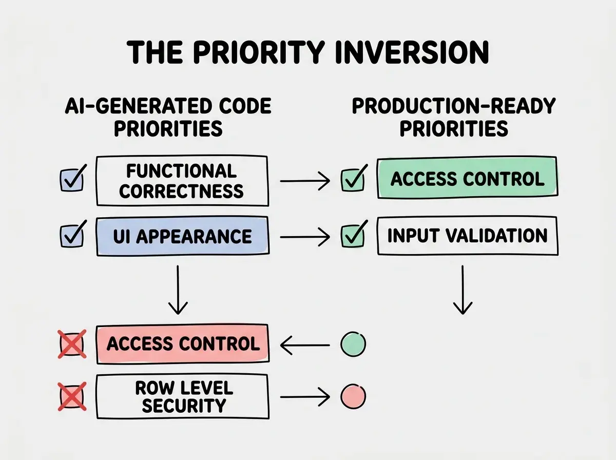 EXPLAINER DIAGRAM: A two-column comparison chart. Left column headed AI-GENERATED CODE PRIORITIES shows a ranked list from top to bottom in descending priority: FUNCTIONAL CORRECTNESS with a green checkmark, UI APPEARANCE with a green checkmark, ERROR HANDLING with a yellow warning, PERFORMANCE with a yellow warning, INPUT VALIDATION with an orange exclamation mark, ACCESS CONTROL with a red X, and ROW LEVEL SECURITY with a red X. Right column headed PRODUCTION-READY PRIORITIES shows the same items but reordered: ACCESS CONTROL at top with a green checkmark, INPUT VALIDATION with a green checkmark, ROW LEVEL SECURITY with a green checkmark, FUNCTIONAL CORRECTNESS with a green checkmark, ERROR HANDLING with a green checkmark, PERFORMANCE with a green checkmark, and UI APPEARANCE with a green checkmark. A label between the columns reads THE PRIORITY INVERSION. Below, a note reads AI TOOLS OPTIMIZE TOP-DOWN FOR THE LEFT COLUMN. PRODUCTION APPS NEED EVERYTHING IN THE RIGHT COLUMN.