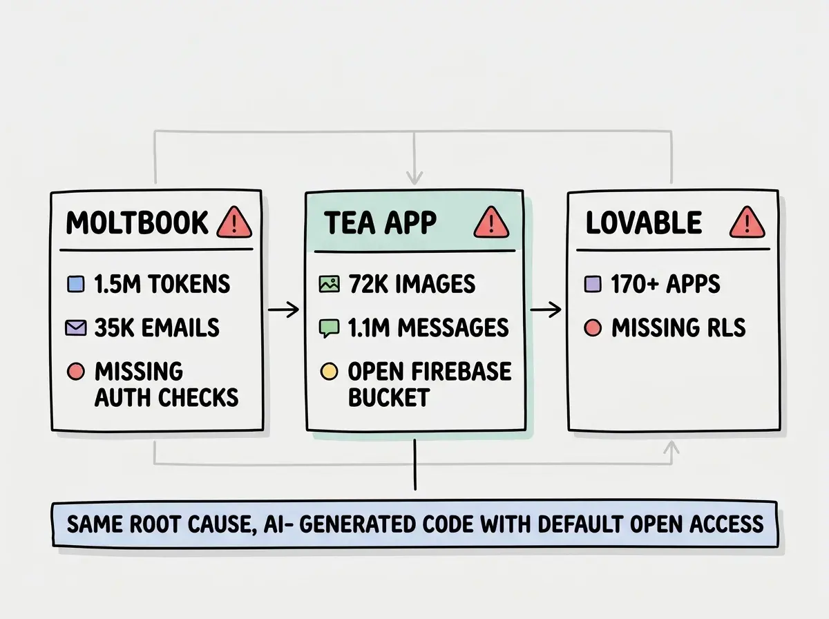 EXPLAINER DIAGRAM: A three-column layout showing three incident cards side by side. Left card labeled TEA APP shows a cloud storage icon with text 72K IMAGES and 1.1M MESSAGES EXPOSED, with a root cause line reading FIREBASE STORAGE: PUBLIC READ ACCESS (NO SECURITY RULES). Middle card labeled LOVABLE shows a database icon with text 170+ APPS EXPOSED, with root cause reading SUPABASE: ROW LEVEL SECURITY DISABLED BY DEFAULT. Right card labeled MOLTBOOK shows an API endpoint icon with text 1.5M TOKENS and 35K EMAILS EXPOSED, with root cause reading API ENDPOINTS: NO AUTHORIZATION CHECKS. Below all three cards, a shared banner reads COMMON PATTERN: AI GENERATES FUNCTIONAL CODE WITHOUT ACCESS CONTROLS. At the bottom, two stat boxes show 45% OF AI CODE HAS OWASP VULNS (VERACODE) and 5,600 APPS SCANNED, 2,000+ VULNS FOUND (ESCAPE.TECH).