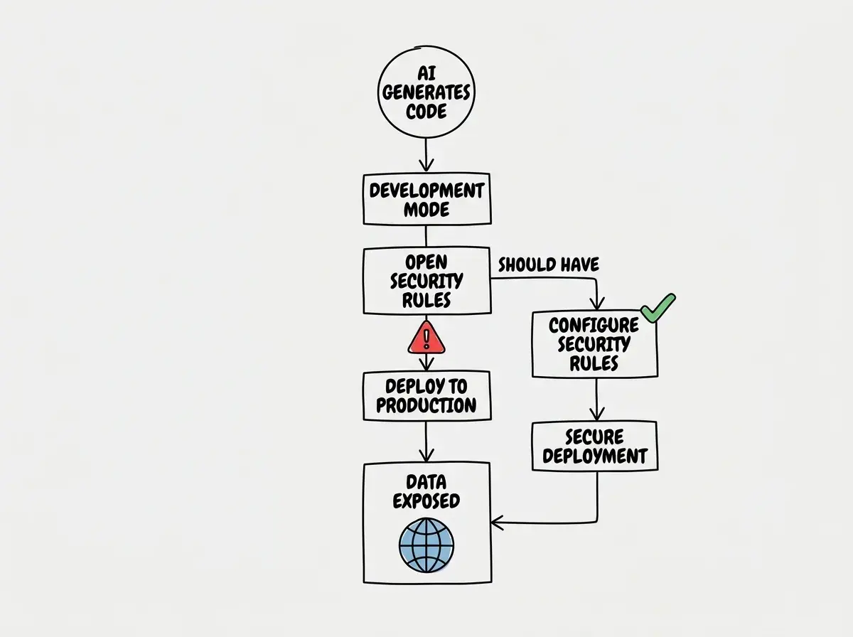 EXPLAINER DIAGRAM: A vertical flowchart showing the lifecycle of an AI-generated Firebase configuration. Top box labeled AI GENERATES FIREBASE CONFIG shows a code snippet with allow read write if true. An arrow labeled DEVELOPMENT MODE WORKS PERFECTLY points down to a box labeled APP DEPLOYED TO PRODUCTION. Another arrow labeled NO SECURITY REVIEW points down to a box labeled OPEN BUCKET IN PRODUCTION with a red warning icon. From this box, three arrows fan out to three result boxes: 72K IMAGES ACCESSIBLE, 1.1M MESSAGES ACCESSIBLE, and ANY USER CAN BROWSE ALL FILES. To the right, a separate parallel path labeled WHAT SHOULD HAPPEN shows the same starting box, then an arrow through a green shield labeled SECURITY RULES REVIEW, then to a box labeled RULES UPDATED TO REQUIRE AUTH, then to SECURE BUCKET IN PRODUCTION with a green checkmark.