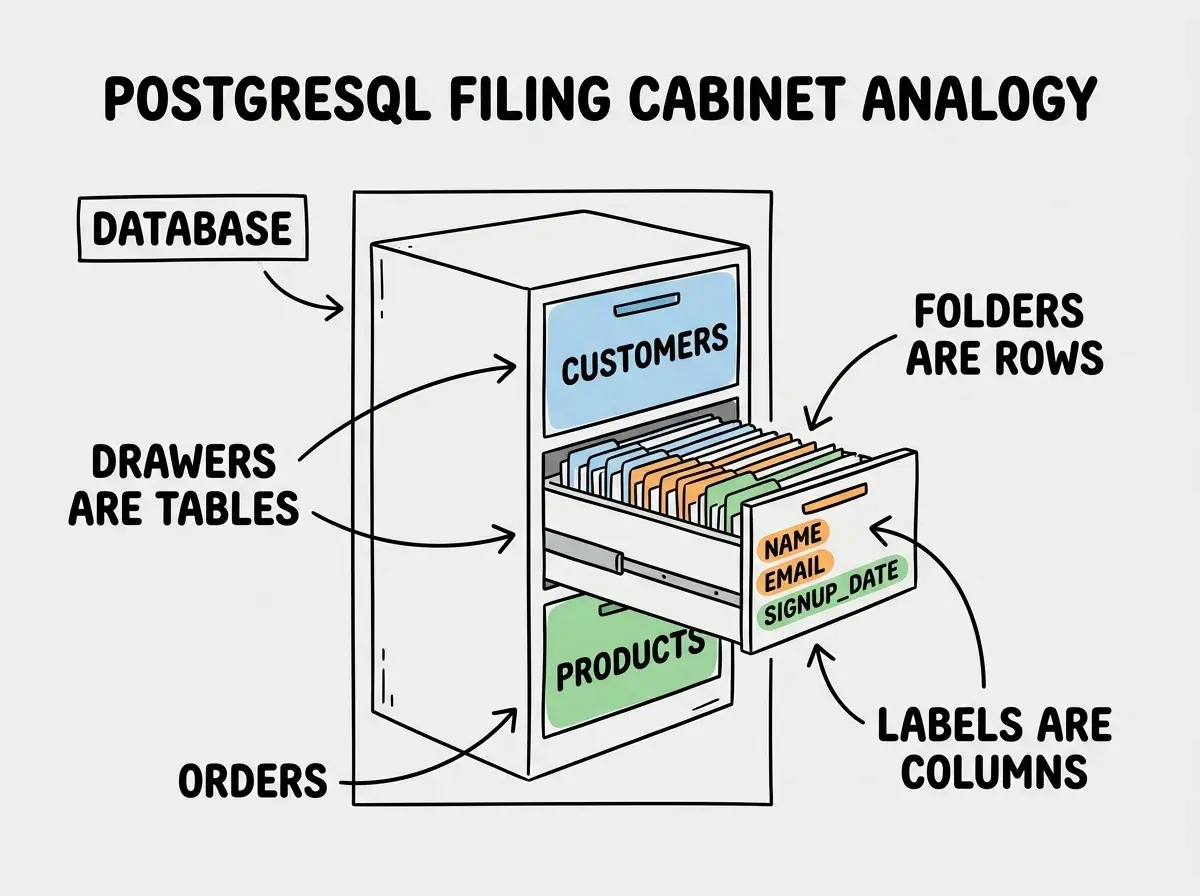 Explainer diagram showing the filing cabinet analogy for PostgreSQL. A filing cabinet with three drawers labeled CUSTOMERS, ORDERS, and PRODUCTS. One drawer is pulled open showing folders inside, each with labels for name, email, and signup_date. Annotations point out that drawers are tables, folders are rows, and labels are columns.