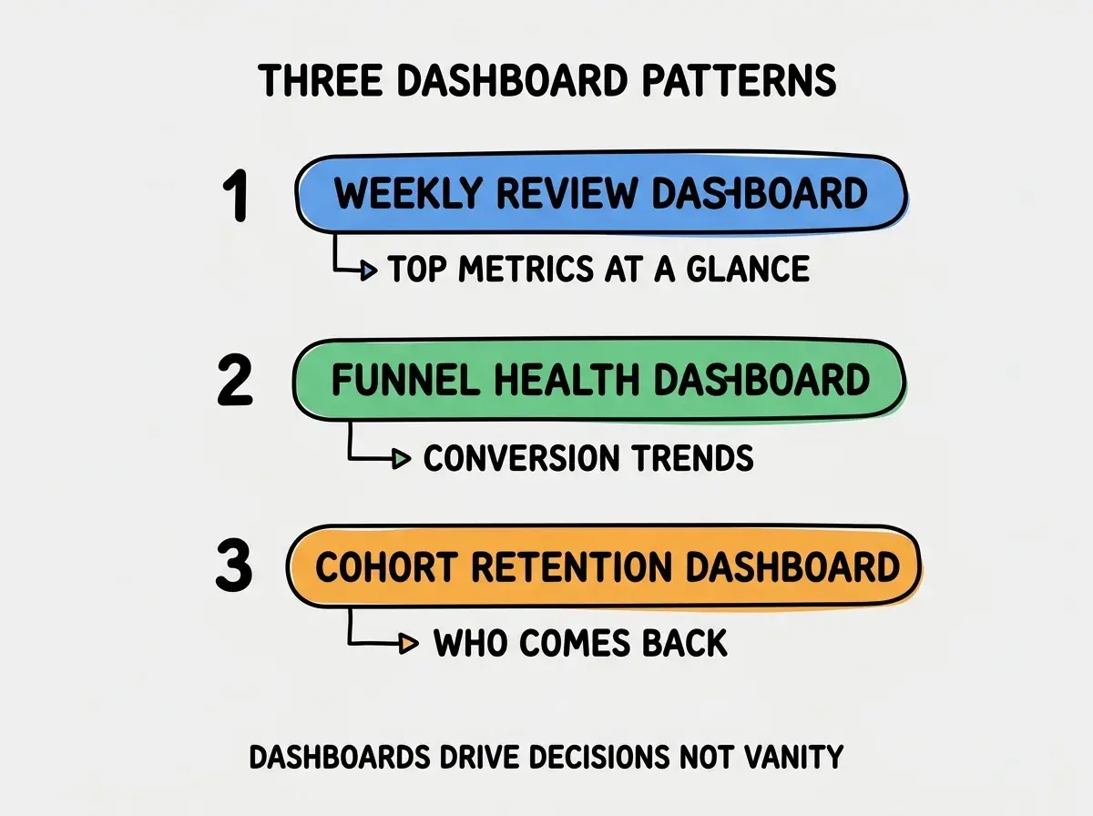 EXPLAINER DIAGRAM titled THREE DASHBOARD PATTERNS shown as a vertical numbered list on a slate background. Three rows. Row 1 blue badge WEEKLY REVIEW DASHBOARD sublabel TOP METRICS AT A GLANCE. Row 2 green badge FUNNEL HEALTH DASHBOARD sublabel CONVERSION TRENDS. Row 3 orange badge COHORT RETENTION DASHBOARD sublabel WHO COMES BACK. Footer reads DASHBOARDS DRIVE DECISIONS NOT VANITY.