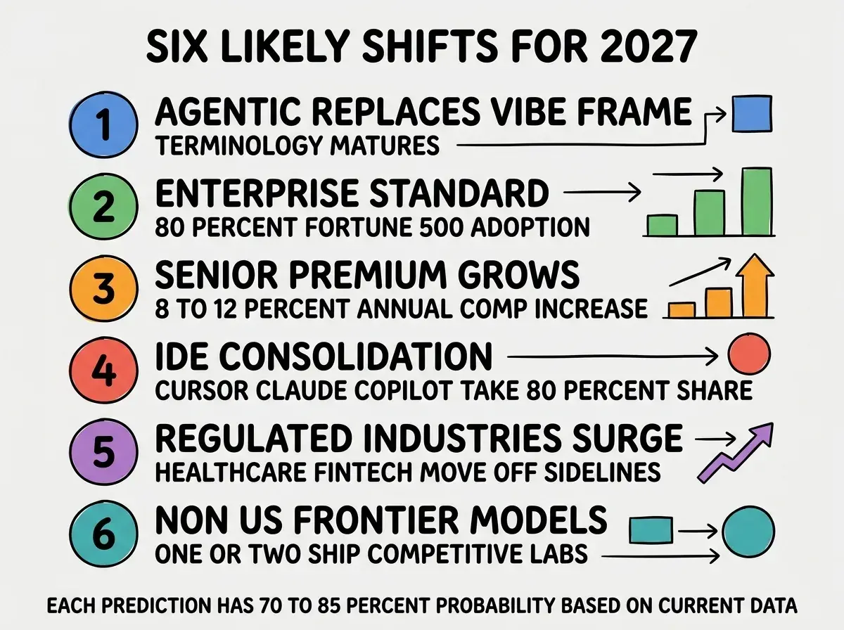 EXPLAINER DIAGRAM titled SIX LIKELY SHIFTS FOR 2027 shown as a vertical numbered list on a slate background. Six rows stacked vertically. Row 1 blue AGENTIC REPLACES VIBE FRAME, sublabel TERMINOLOGY MATURES. Row 2 green ENTERPRISE STANDARD, sublabel 80 PERCENT FORTUNE 500 ADOPTION. Row 3 orange SENIOR PREMIUM GROWS, sublabel 8 TO 12 PERCENT ANNUAL COMP INCREASE. Row 4 red IDE CONSOLIDATION, sublabel CURSOR CLAUDE COPILOT TAKE 80 PERCENT SHARE. Row 5 purple REGULATED INDUSTRIES SURGE, sublabel HEALTHCARE FINTECH MOVE OFF SIDELINES. Row 6 teal NON US FRONTIER MODELS, sublabel ONE OR TWO SHIP COMPETITIVE LABS. Footer reads EACH PREDICTION HAS 70 TO 85 PERCENT PROBABILITY BASED ON CURRENT DATA.