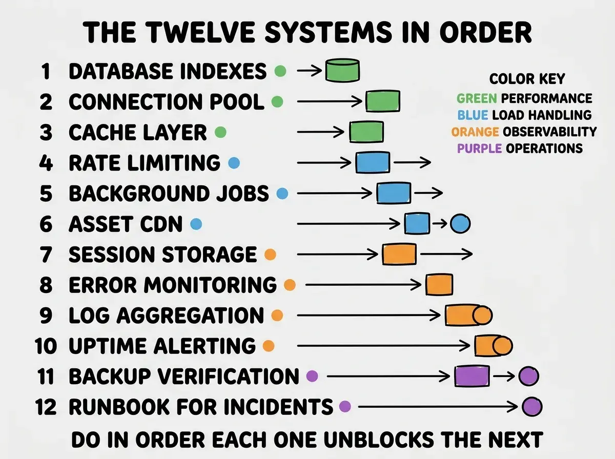EXPLAINER DIAGRAM titled THE TWELVE SYSTEMS IN ORDER shown as a vertical numbered list on a slate background. Each row has a number, a system name, and a small color indicator. 1 DATABASE INDEXES green. 2 CONNECTION POOL green. 3 CACHE LAYER green. 4 RATE LIMITING blue. 5 BACKGROUND JOBS blue. 6 ASSET CDN blue. 7 SESSION STORAGE orange. 8 ERROR MONITORING orange. 9 LOG AGGREGATION orange. 10 UPTIME ALERTING orange. 11 BACKUP VERIFICATION purple. 12 RUNBOOK FOR INCIDENTS purple. A side annotation labeled COLOR KEY reads GREEN PERFORMANCE, BLUE LOAD HANDLING, ORANGE OBSERVABILITY, PURPLE OPERATIONS. Footer reads DO IN ORDER, EACH ONE UNBLOCKS THE NEXT.