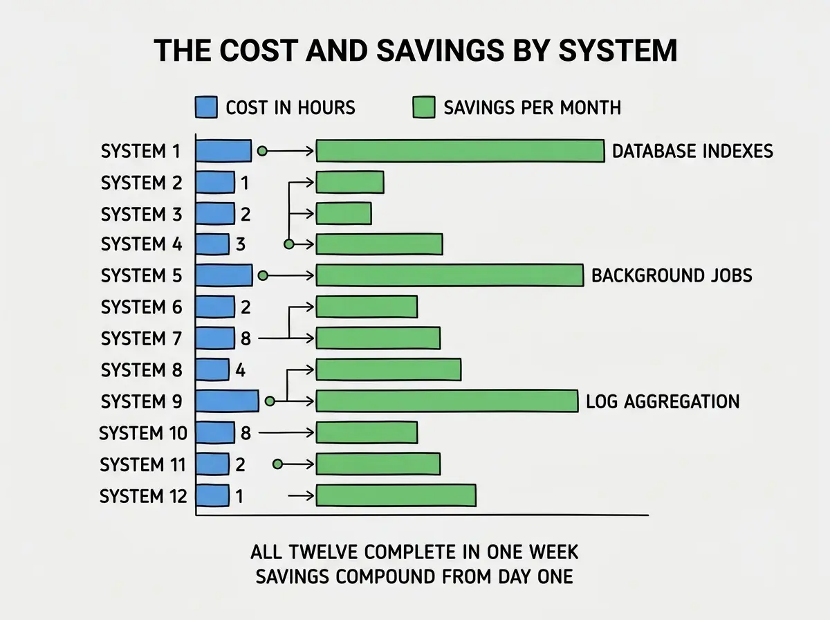 EXPLAINER DIAGRAM titled THE COST AND SAVINGS BY SYSTEM shown as a horizontal bar chart on a slate background with system numbers 1 to 12 on the Y axis. Two bars per row, blue for COST IN HOURS and green for SAVINGS PER MONTH. Most rows show small blue cost bars between 1 and 8 hours and proportionally larger green savings bars. The largest savings bars are at SYSTEM 1 DATABASE INDEXES, SYSTEM 5 BACKGROUND JOBS, and SYSTEM 9 LOG AGGREGATION. Footer reads ALL TWELVE COMPLETE IN UNDER ONE WEEK OF FOCUSED WORK SAVINGS COMPOUND FROM DAY ONE.