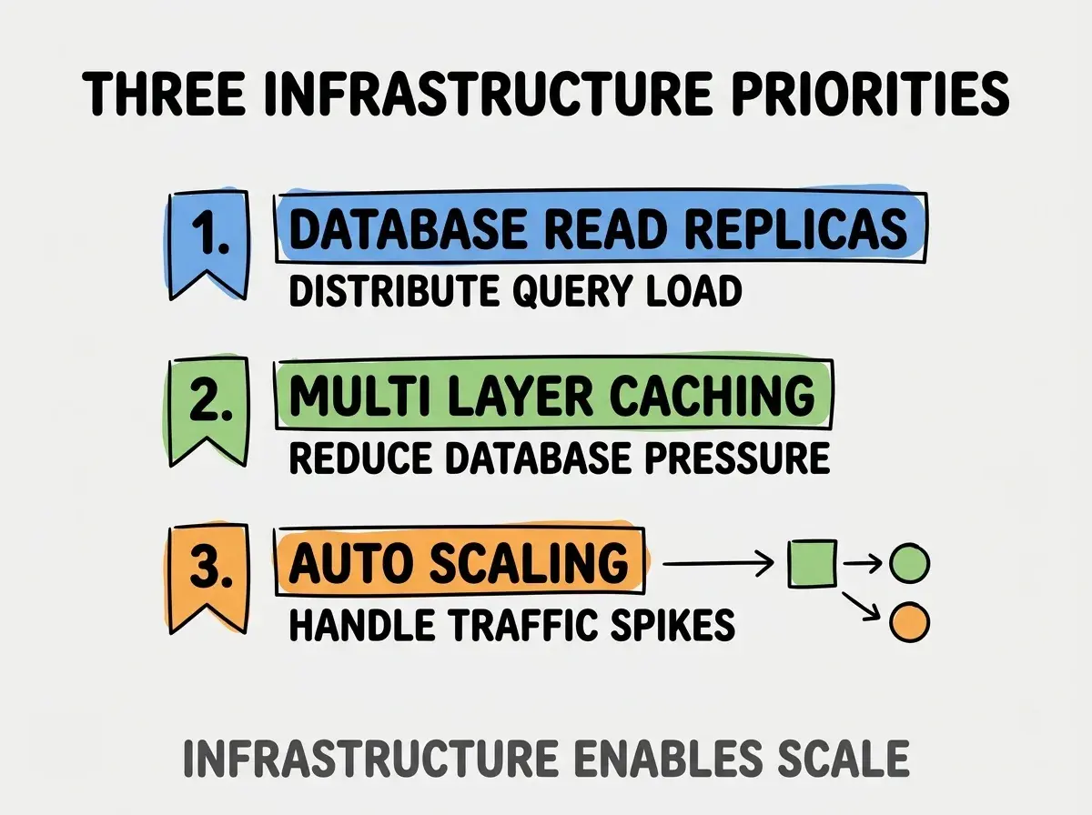 Clean modern flat infographic on light gray background. Top title bold black: THREE INFRASTRUCTURE PRIORITIES. Single vertical numbered list with three rows. Row 1 blue badge DATABASE READ REPLICAS with subtitle DISTRIBUTE QUERY LOAD. Row 2 green badge MULTI LAYER CACHING with subtitle REDUCE DATABASE PRESSURE. Row 3 orange badge AUTO SCALING with subtitle HANDLE TRAFFIC SPIKES. Footer text dark gray: INFRASTRUCTURE ENABLES SCALE. Each label appears exactly once. No duplicated text.
