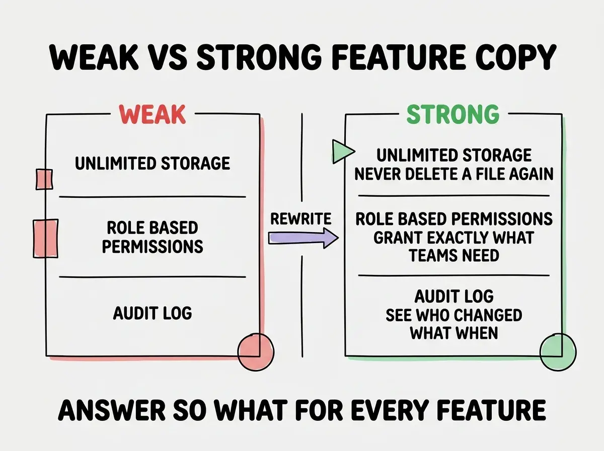 EXPLAINER DIAGRAM titled WEAK VS STRONG FEATURE COPY shown as two side by side panels on a slate background. Left panel labeled WEAK in red has three rows reading UNLIMITED STORAGE, ROLE BASED PERMISSIONS, AUDIT LOG. Right panel labeled STRONG in green has the same three features rewritten, UNLIMITED STORAGE NEVER DELETE A FILE AGAIN, ROLE BASED PERMISSIONS GRANT EXACTLY WHAT TEAMS NEED, AUDIT LOG SEE WHO CHANGED WHAT WHEN. A center divider has an arrow labeled REWRITE pointing left to right. Footer reads ANSWER SO WHAT FOR EVERY FEATURE.