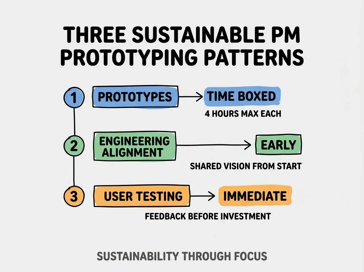 Clean modern flat infographic on light gray background. Top title bold black: THREE SUSTAINABLE PM PROTOTYPING PATTERNS. Single vertical numbered list with three rows. Row 1 blue badge PROTOTYPES TIME BOXED with subtitle 4 HOURS MAX EACH. Row 2 green badge ENGINEERING ALIGNMENT EARLY with subtitle SHARED VISION FROM START. Row 3 orange badge USER TESTING IMMEDIATE with subtitle FEEDBACK BEFORE INVESTMENT. Footer text dark gray: SUSTAINABILITY THROUGH FOCUS. Each label appears exactly once. No duplicated text.
