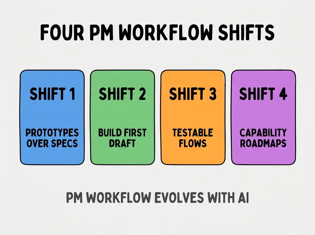 Clean modern flat infographic on light gray background. Top center bold black title text: FOUR PM WORKFLOW SHIFTS. Below title, four equal sized colored rounded rectangle cards arranged horizontally. Card 1 blue: large bold text SHIFT 1 then smaller text PROTOTYPES OVER SPECS. Card 2 green: large bold text SHIFT 2 then smaller text BUILD FIRST DRAFT. Card 3 orange: large bold text SHIFT 3 then smaller text TESTABLE FLOWS. Card 4 purple: large bold text SHIFT 4 then smaller text CAPABILITY ROADMAPS. Single footer line below cards in dark gray text: PM WORKFLOW EVOLVES WITH AI. Nothing else on canvas. No text outside cards or below cards.