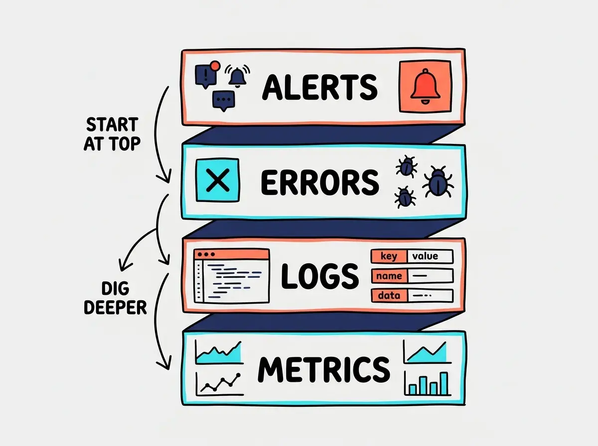 EXPLAINER DIAGRAM: A vertical stack showing the four layers of production observability. The top layer labeled ALERTS shows uptime monitoring and error spike alerts with icons for Slack, email, and SMS. The second layer labeled ERRORS shows Sentry with source maps, capturing exceptions and performance. The third layer labeled LOGS shows structured JSON logging with fields for timestamp, request_id, user_id, and action. The bottom layer labeled METRICS shows response times, database query duration, and error rates. Arrows on the left show investigation flow going from ALERTS down to METRICS with a label reading START AT THE TOP, DIG DEEPER AS NEEDED.