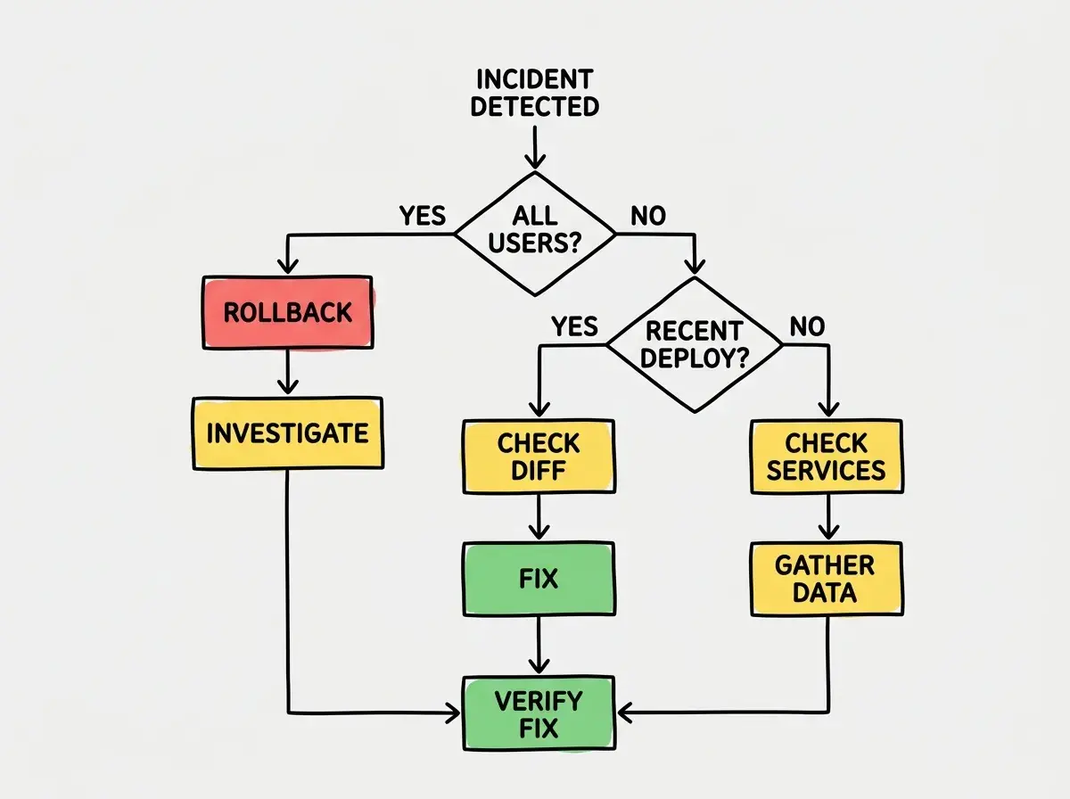 EXPLAINER DIAGRAM: A flowchart showing the production debugging decision tree. Starting from INCIDENT DETECTED at the top, a diamond labeled ALL USERS AFFECTED leads left to YES pointing to ROLLBACK IMMEDIATELY then INVESTIGATE, and right to NO leading to a second diamond labeled RECENT DEPLOY. From RECENT DEPLOY, YES leads to CHECK DEPLOYMENT DIFF then TARGETED FIX, and NO leads to CHECK EXTERNAL SERVICES then GATHER MORE DATA. All terminal boxes connect to a final box at the bottom labeled VERIFY FIX IN PRODUCTION AND ADD MONITORING. Color coding: red for rollback path, yellow for investigation paths, green for resolution.