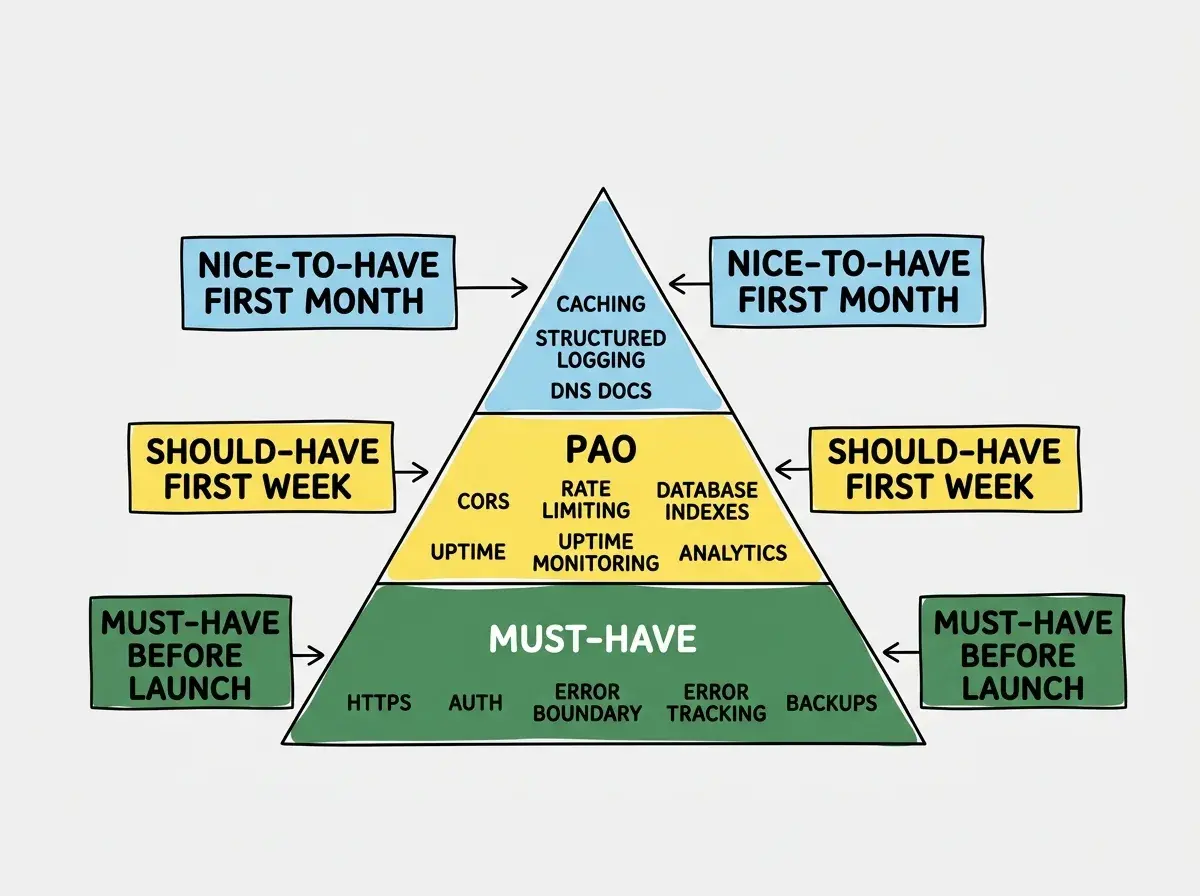 Three-tier pyramid diagram on a white background. The bottom tier, the widest, is dark green and labeled MUST-HAVE BEFORE LAUNCH in white text with items HTTPS, AUTH, ERROR BOUNDARY, ERROR TRACKING, and BACKUPS listed below. The middle tier is yellow and labeled SHOULD-HAVE FIRST WEEK with items CORS, RATE LIMITING, DATABASE INDEXES, UPTIME MONITORING, and ANALYTICS. The top tier is light blue and labeled NICE-TO-HAVE FIRST MONTH with items CACHING, STRUCTURED LOGGING, and DNS DOCS.