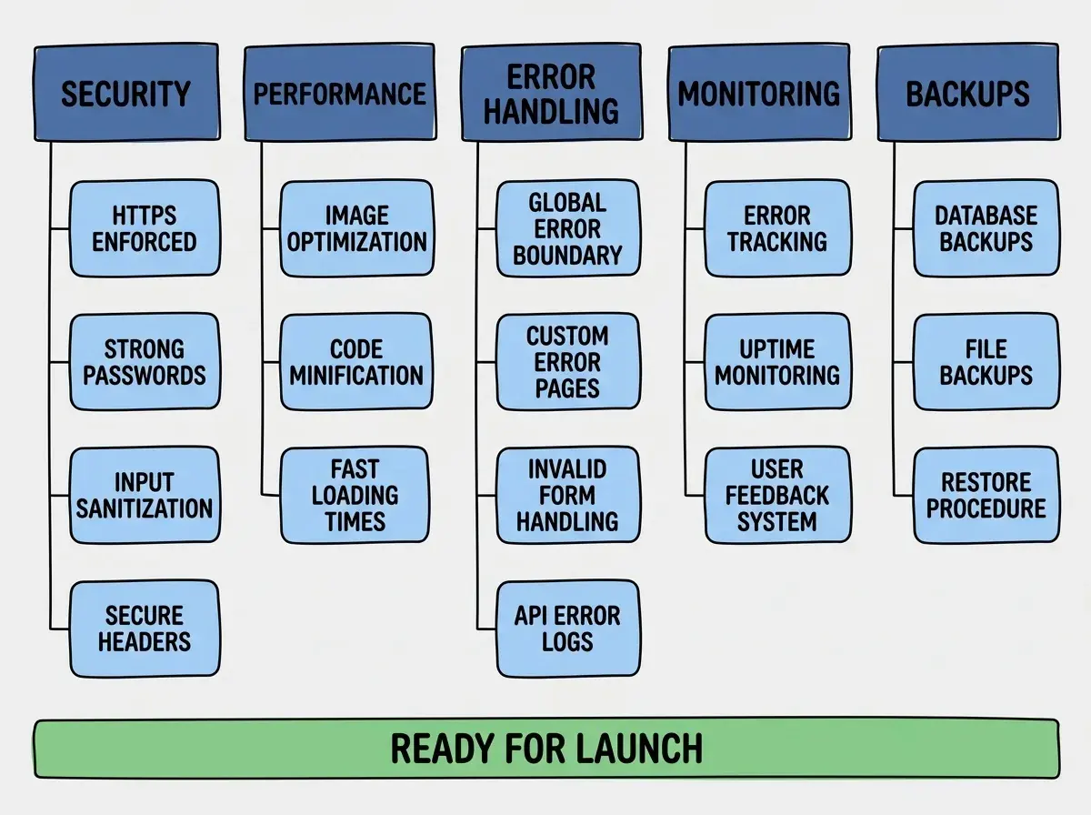 Flowchart diagram with five vertical columns on a light background. Column headers in dark blue rectangles read SECURITY, PERFORMANCE, ERROR HANDLING, MONITORING, and BACKUPS. Under each header, three to four rounded rectangles in lighter blue list individual checklist items with short ALL CAPS labels like HTTPS ENFORCED, IMAGE OPTIMIZATION, GLOBAL ERROR BOUNDARY, ERROR TRACKING, and DATABASE BACKUPS. Thin lines connect each header to its items. A horizontal green bar at the bottom reads READY FOR LAUNCH.