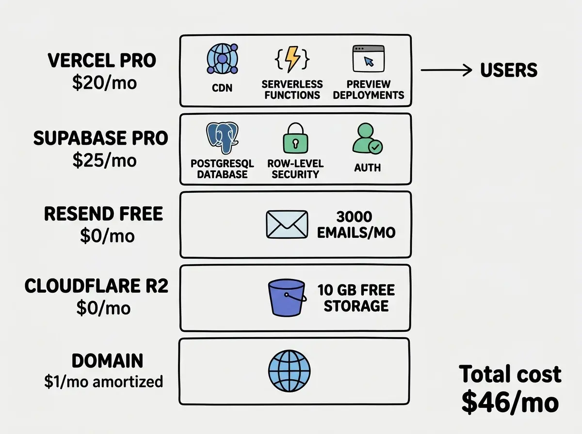 EXPLAINER DIAGRAM: A vertical stack of five layers on a light background. Top layer labeled VERCEL PRO at $20/mo shows icons for CDN, serverless functions, and preview deployments with an arrow pointing to USERS on the right. Second layer labeled SUPABASE PRO at $25/mo shows icons for PostgreSQL database, row-level security, and auth. Third layer labeled RESEND FREE at $0/mo shows an envelope icon with 3000 EMAILS/MO. Fourth layer labeled CLOUDFLARE R2 at $0/mo shows a storage bucket icon with 10 GB FREE STORAGE. Bottom layer labeled DOMAIN at $1/mo amortized shows a globe icon. Total cost $46/mo appears in bold at the bottom right.