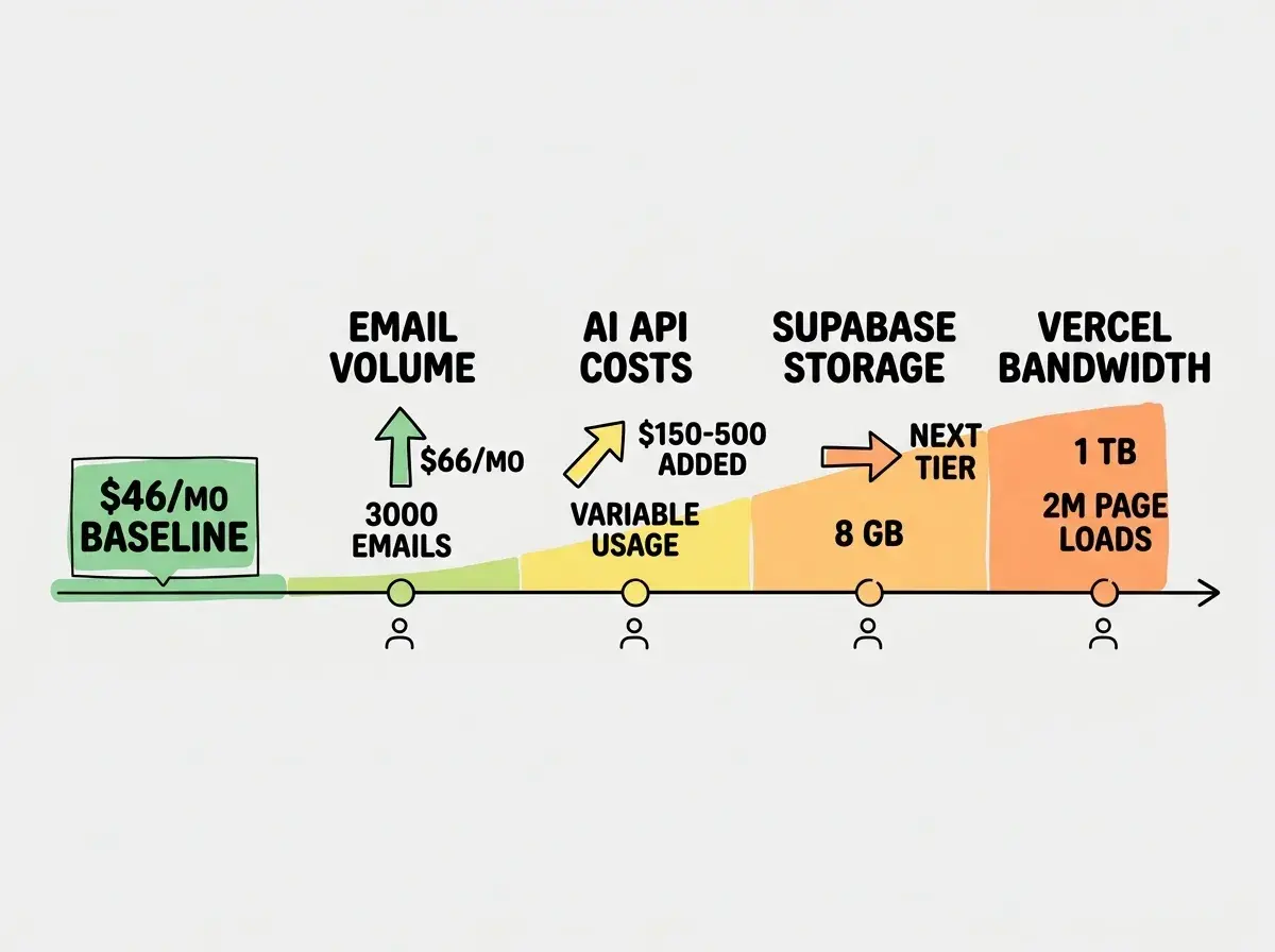 EXPLAINER DIAGRAM: A horizontal timeline on a white background showing scaling trigger points. The left side starts at $46/MO BASELINE with a green zone. Moving right, the first trigger point is labeled EMAIL VOLUME at 3000 emails showing an arrow up to $66/mo. The second trigger is labeled AI API COSTS at variable usage showing an arrow up to $150-500 added. The third trigger is labeled SUPABASE STORAGE at 8 GB showing an arrow up to next tier. The fourth trigger is labeled VERCEL BANDWIDTH at 1 TB and 2M page loads. Each trigger has a small user count indicator below it. The timeline transitions from green to yellow to orange as costs increase.