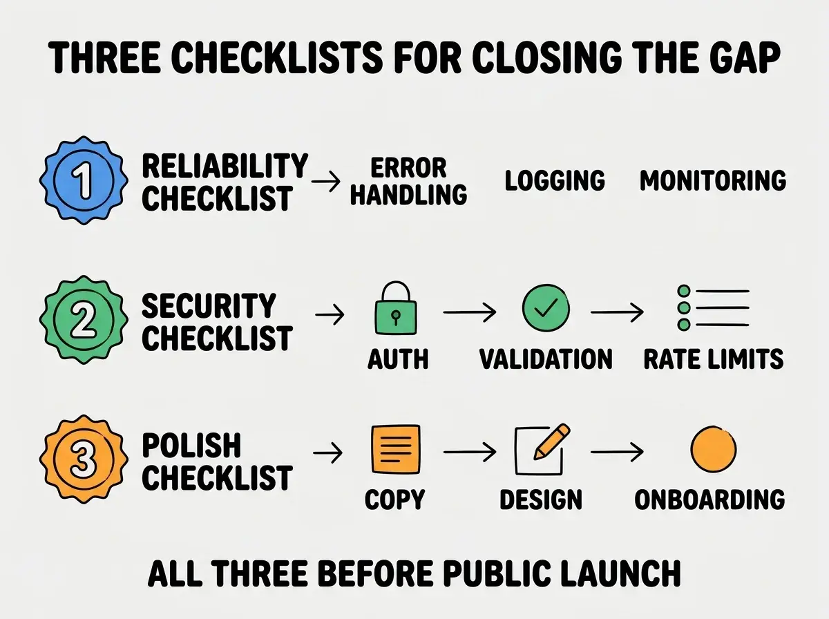 EXPLAINER DIAGRAM titled THREE CHECKLISTS FOR CLOSING THE GAP shown as a vertical numbered list on a slate background. Three rows. Row 1 blue badge RELIABILITY CHECKLIST sublabel ERROR HANDLING LOGGING MONITORING. Row 2 green badge SECURITY CHECKLIST sublabel AUTH VALIDATION RATE LIMITS. Row 3 orange badge POLISH CHECKLIST sublabel COPY DESIGN ONBOARDING. Footer reads ALL THREE BEFORE PUBLIC LAUNCH.