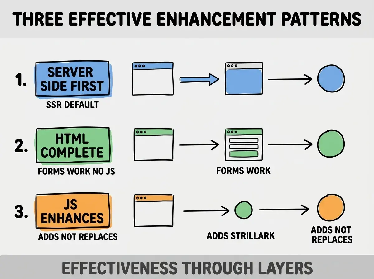 Clean modern flat infographic on light gray background. Top title bold black: THREE EFFECTIVE ENHANCEMENT PATTERNS. Single vertical numbered list with three rows. Row 1 blue badge SERVER SIDE FIRST with subtitle SSR DEFAULT. Row 2 green badge HTML COMPLETE with subtitle FORMS WORK NO JS. Row 3 orange badge JS ENHANCES with subtitle ADDS NOT REPLACES. Footer text dark gray: EFFECTIVENESS THROUGH LAYERS. Each label appears exactly once. No duplicated text.