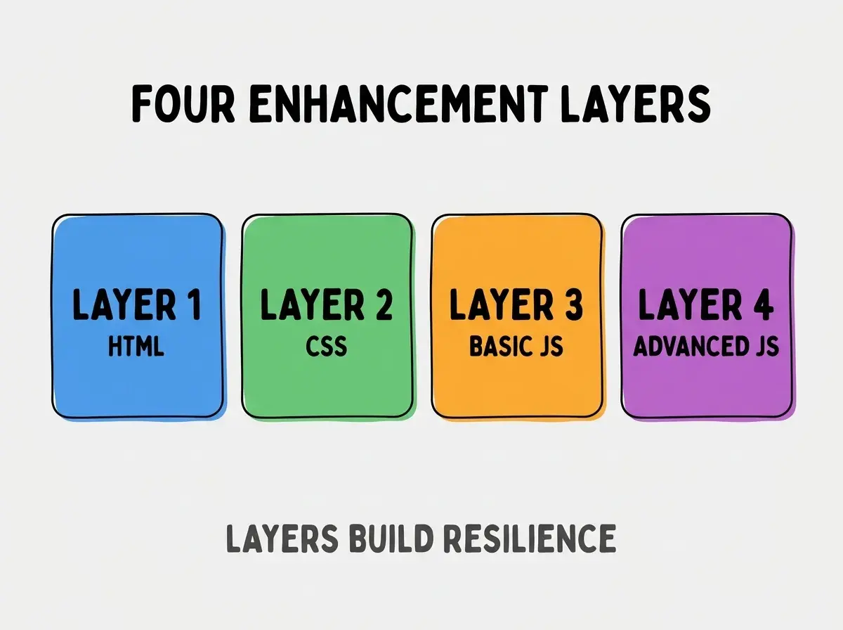 Clean modern flat infographic on light gray background. Top center bold black title text: FOUR ENHANCEMENT LAYERS. Below title, four equal sized colored rounded rectangle cards arranged horizontally. Card 1 blue: large bold text LAYER 1 then smaller text HTML. Card 2 green: large bold text LAYER 2 then smaller text CSS. Card 3 orange: large bold text LAYER 3 then smaller text BASIC JS. Card 4 purple: large bold text LAYER 4 then smaller text ADVANCED JS. Single footer line below cards in dark gray text: LAYERS BUILD RESILIENCE. Nothing else on canvas. No text outside cards or below cards.