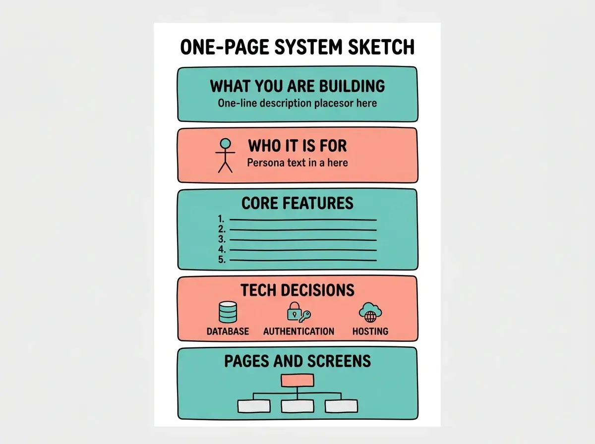 EXPLAINER DIAGRAM: A single page layout divided into five stacked sections with rounded corners. Top section in teal labeled WHAT YOU ARE BUILDING with a one-line description placeholder. Second section in light coral labeled WHO IT IS FOR with a stick figure icon and persona text. Third section in teal labeled CORE FEATURES with five numbered bullet lines. Fourth section in light coral labeled TECH DECISIONS with icons for database, auth, and hosting. Bottom section in teal labeled PAGES AND SCREENS with a simple sitemap showing three connected boxes. Title at top reads ONE-PAGE SYSTEM SKETCH. Light gray background with thin borders between sections.