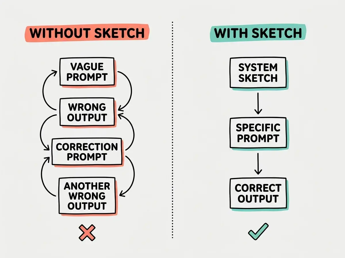 EXPLAINER DIAGRAM: A two-column comparison layout. Left column header in coral reads WITHOUT SKETCH, showing a tangled flowchart with arrows going in circles between boxes labeled VAGUE PROMPT, WRONG OUTPUT, CORRECTION PROMPT, and ANOTHER WRONG OUTPUT, with a red X at the bottom. Right column header in teal reads WITH SKETCH, showing a clean linear flow from SYSTEM SKETCH box at top, arrow down to SPECIFIC PROMPT box, arrow down to CORRECT OUTPUT box, with a green checkmark at the bottom. Dotted vertical line divides the two columns. Light gray background.