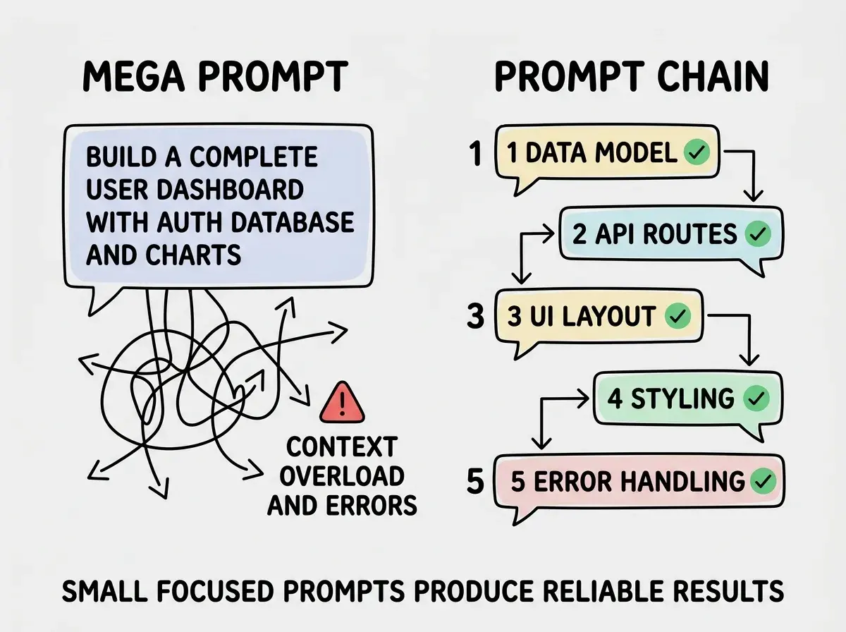 EXPLAINER DIAGRAM: A vertical flowchart with five rounded rectangular nodes connected by downward arrows. Node 1 at top is teal and labeled DATA MODEL with subtitle Prisma schema and types. Node 2 is coral and labeled API LAYER with subtitle Endpoints that read and write data. Node 3 is teal and labeled CORE UI with subtitle Components that display data. Node 4 is coral and labeled STYLING with subtitle Layout spacing and responsiveness. Node 5 at bottom is teal and labeled ERROR HANDLING with subtitle Loading empty and error states. A bracket on the left groups all five and reads PROMPT CHAIN with annotation Each prompt builds on the output above it. Light gray background.