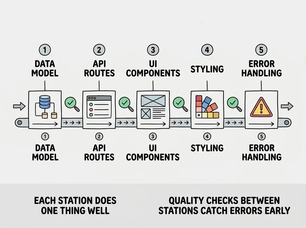 EXPLAINER DIAGRAM: A two-column comparison layout. Left column header reads MEGA PROMPT in coral with a single large text block below, an arrow pointing down to a tangled mess of overlapping boxes in red labeled INCONSISTENT OUTPUT with callouts showing mismatched types and missing fields and conflicting patterns. Right column header reads PROMPT CHAIN in teal with five small sequential text blocks connected by arrows, pointing down to five neatly stacked aligned boxes in green labeled COHERENT OUTPUT with callouts showing matched types and correct references and consistent patterns. A dividing line separates the columns. Light gray background.