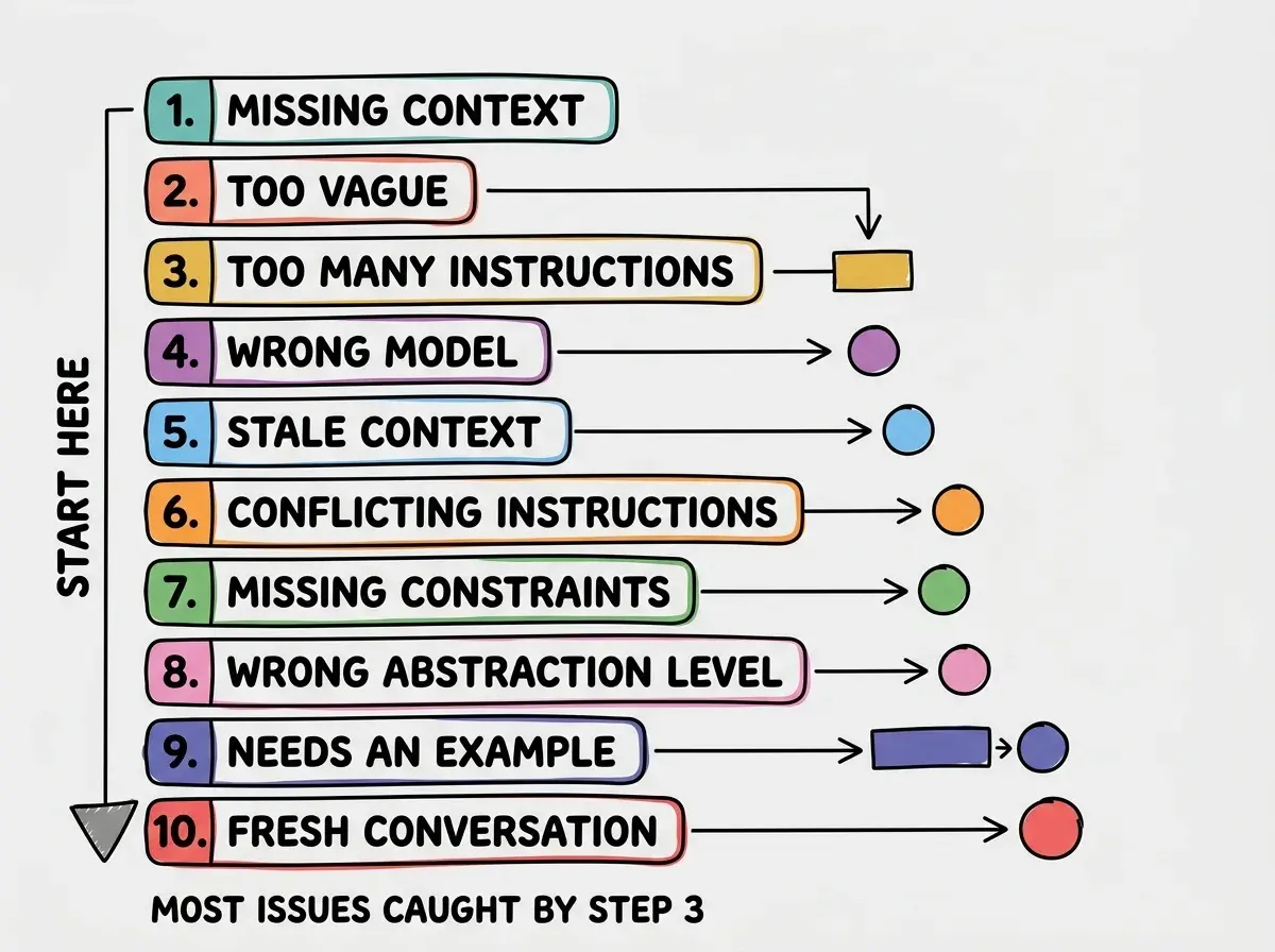 EXPLAINER DIAGRAM: A vertical numbered list from 1 to 10, each item in a rounded box with a colored left border. Step 1 in teal labeled MISSING CONTEXT. Step 2 in coral labeled TOO VAGUE. Step 3 in golden yellow labeled TOO MANY INSTRUCTIONS. Step 4 in purple labeled WRONG MODEL. Step 5 in sky blue labeled STALE CONTEXT. Step 6 in orange labeled CONFLICTING INSTRUCTIONS. Step 7 in green labeled MISSING CONSTRAINTS. Step 8 in pink labeled WRONG ABSTRACTION LEVEL. Step 9 in indigo labeled NEEDS AN EXAMPLE. Step 10 in red labeled FRESH CONVERSATION. An arrow runs down the left side labeled START HERE with a note at the bottom saying MOST ISSUES CAUGHT BY STEP 3.