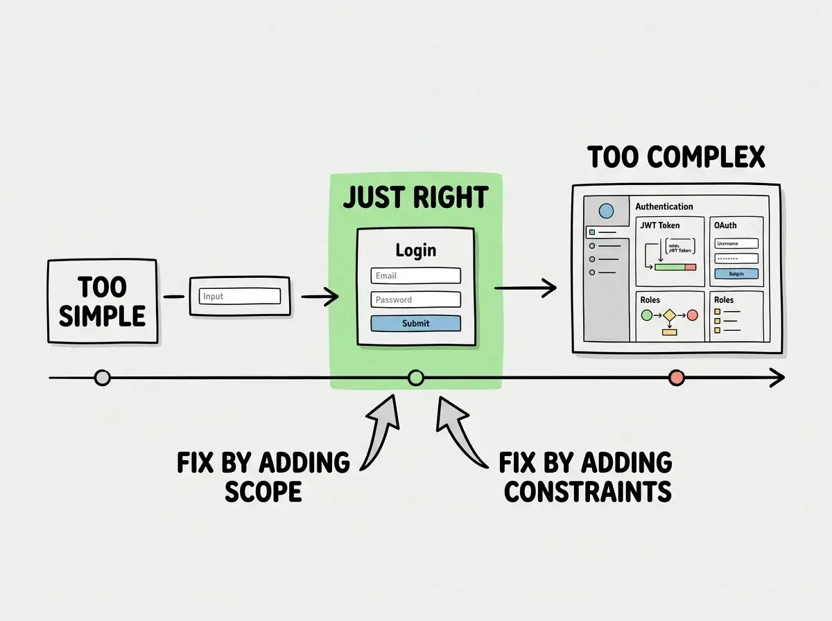EXPLAINER DIAGRAM: A horizontal scale showing abstraction levels from left to right. On the far left, a small box labeled TOO SIMPLE with an example showing a single input field. In the middle, a green highlighted zone labeled JUST RIGHT with an example showing a clean login form with email, password, and submit button. On the far right, a large complex box labeled TOO COMPLEX with an example showing a multi-panel authentication system with JWT tokens, OAuth flows, and role management. Below the scale, two arrows point inward toward the green zone with labels FIX BY ADDING SCOPE and FIX BY ADDING CONSTRAINTS.