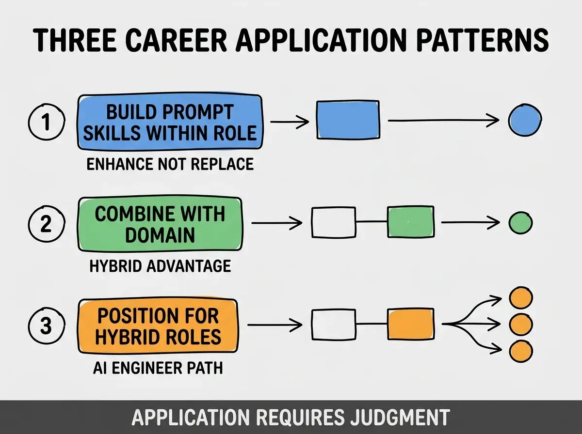 Clean modern flat infographic on light gray background. Top title bold black: THREE CAREER APPLICATION PATTERNS. Single vertical numbered list with three rows. Row 1 blue badge BUILD PROMPT SKILLS WITHIN ROLE with subtitle ENHANCE NOT REPLACE. Row 2 green badge COMBINE WITH DOMAIN with subtitle HYBRID ADVANTAGE. Row 3 orange badge POSITION FOR HYBRID ROLES with subtitle AI ENGINEER PATH. Footer text dark gray: APPLICATION REQUIRES JUDGMENT. Each label appears exactly once. No duplicated text.