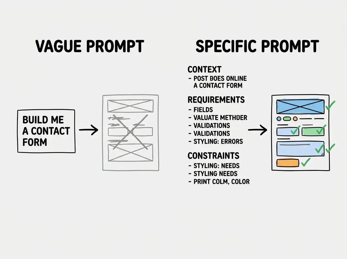 EXPLAINER DIAGRAM: A side-by-side comparison with two columns. Left column labeled VAGUE PROMPT shows a simple text box with the words Build me a contact form, below it an arrow points to a wireframe of a basic form with three blank fields and a plain button, labeled GENERIC OUTPUT. Right column labeled STRUCTURED PROMPT shows a detailed text box with visible keywords like Next.js, validation, Tailwind, error handling, below it an arrow points to a polished form wireframe with labeled fields, inline error messages, a styled button with a loading spinner, and a success toast notification, labeled PRODUCTION-READY OUTPUT. A horizontal arrow at the bottom spans both columns labeled THE DIFFERENCE IS IN THE PROMPT NOT THE TOOL.