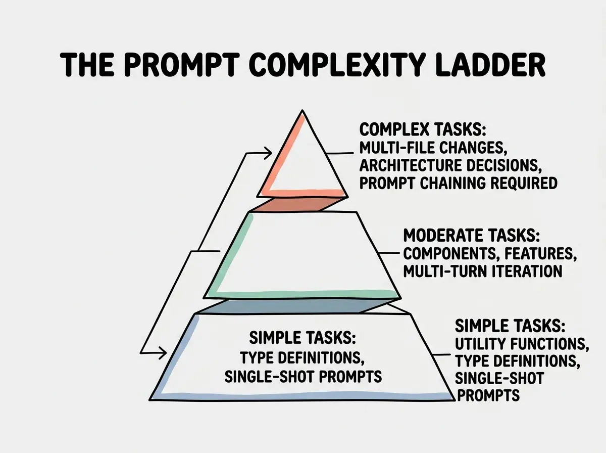 EXPLAINER DIAGRAM: A three-level pyramid diagram labeled THE PROMPT COMPLEXITY LADDER. Bottom level is wide and labeled SIMPLE TASKS with examples like utility functions and type definitions, showing two STRUCTURE elements highlighted: Task and Understanding. Middle level is medium width and labeled MEDIUM TASKS with examples like forms and API endpoints, showing five elements highlighted: Task, Understanding, Requirements, Constraints, and Examples. Top level is narrow and labeled COMPLEX TASKS with examples like multi-file features and auth flows, showing all nine STRUCTURE elements highlighted. A vertical arrow on the right side runs from bottom to top labeled PROMPT INVESTMENT, and a second arrow on the left runs from bottom to top labeled TASK COMPLEXITY.